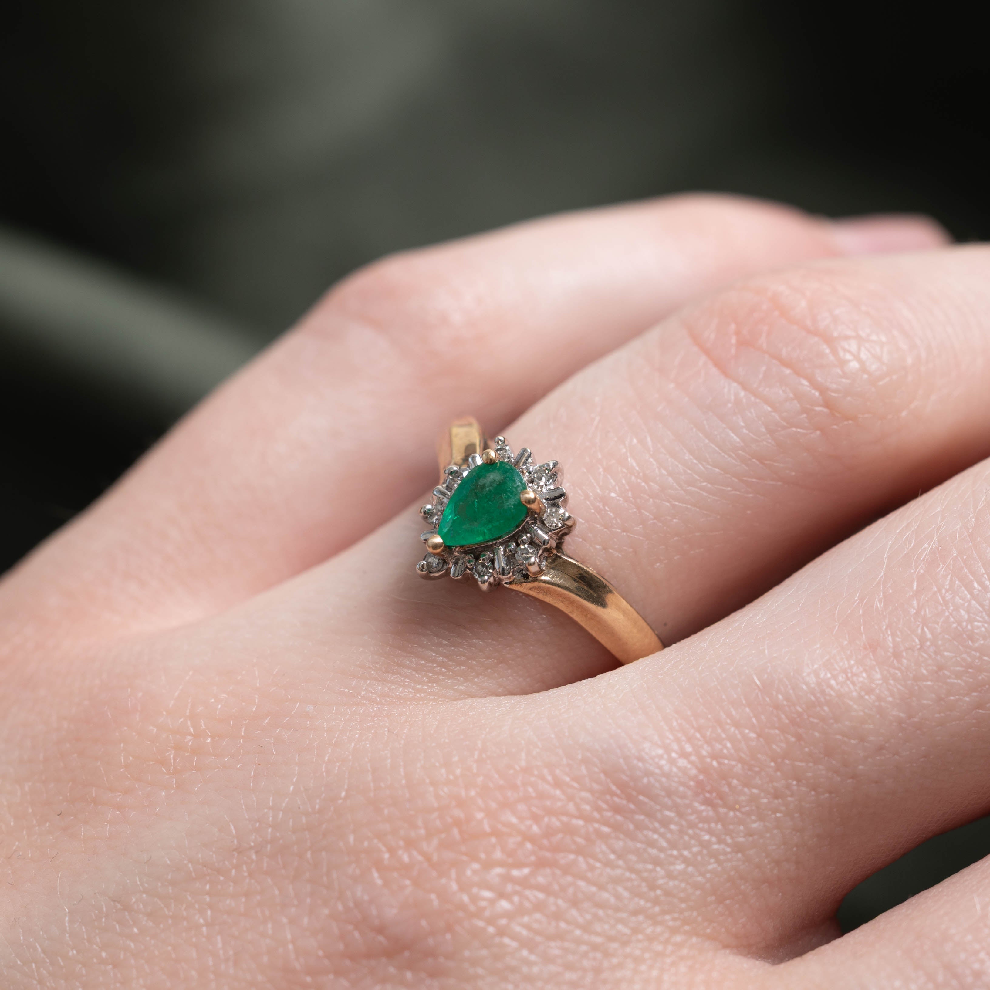 10k Emerald & Diamond Halo Chevron Ring | 0.08ctw, 0.32ct | SZ 6.5
