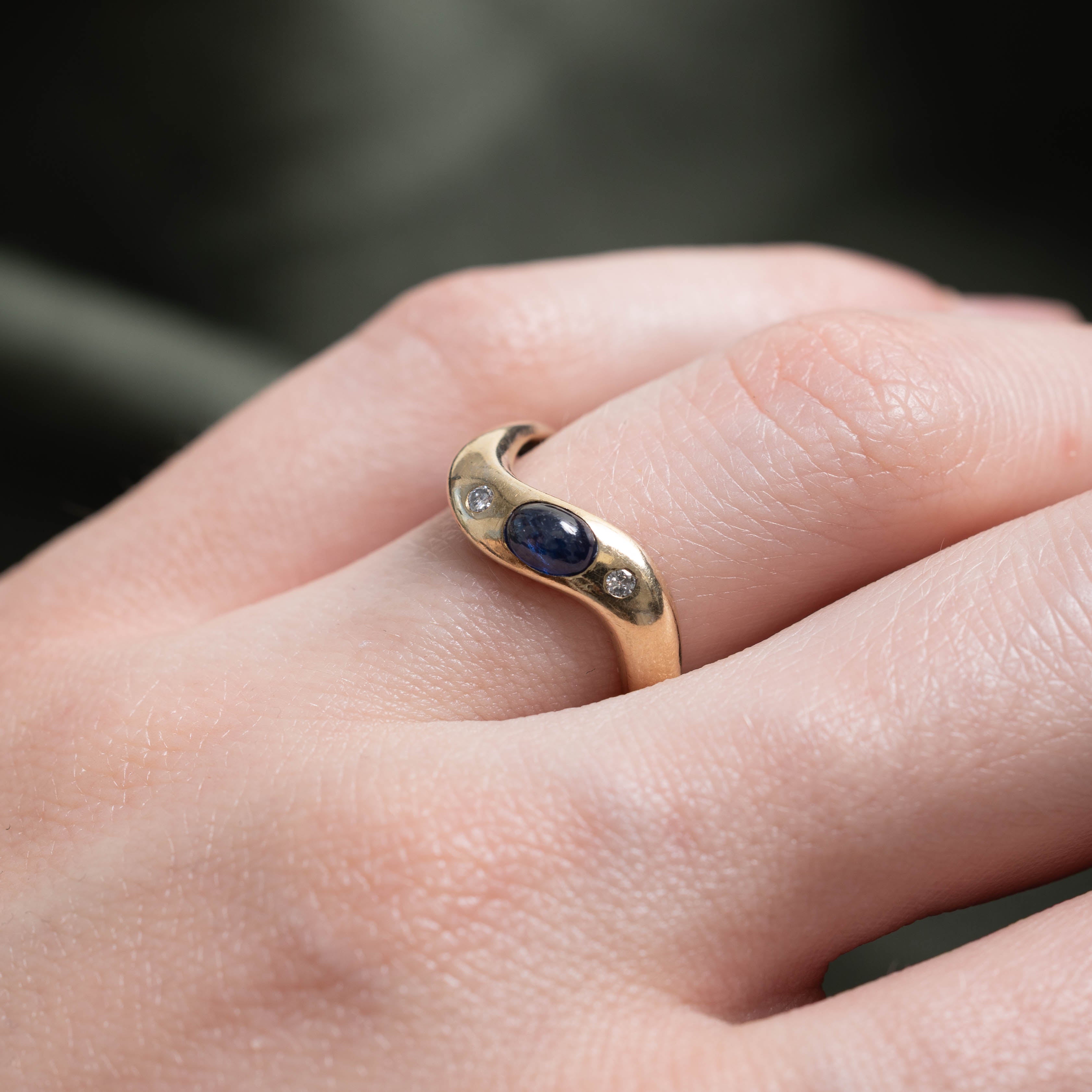 14k Flush Set Sapphire & Diamond Wave Ring | 0.60ct, 0.03ctw | SZ 6