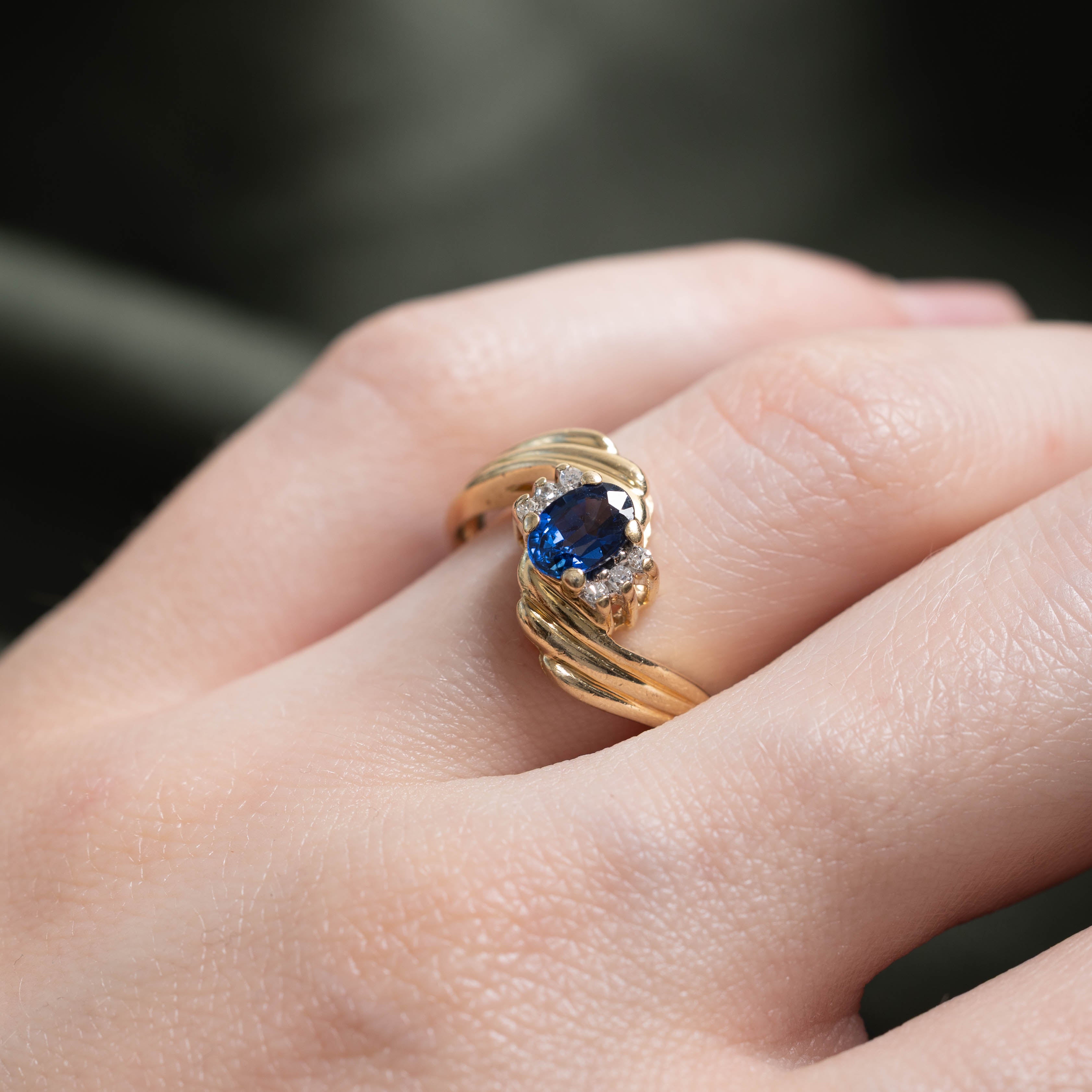 14k Sapphire & Diamond Grooved Bypass Ring | 0.50ct, 0.05ctw | SZ 5.75