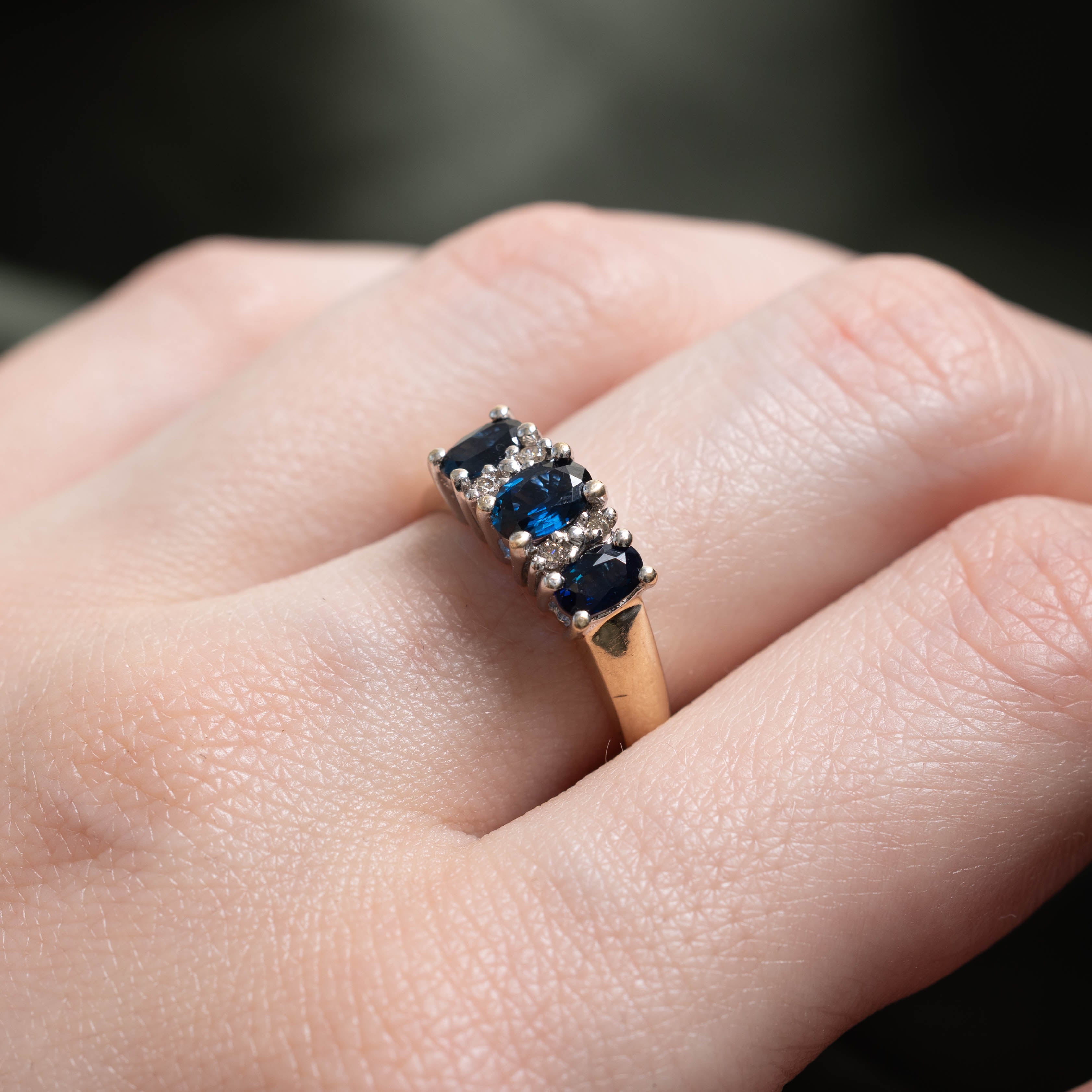 10k Three Stone Sapphire & Diamond Ring | 1.00ctw, 0.08ctw | SZ 6.75