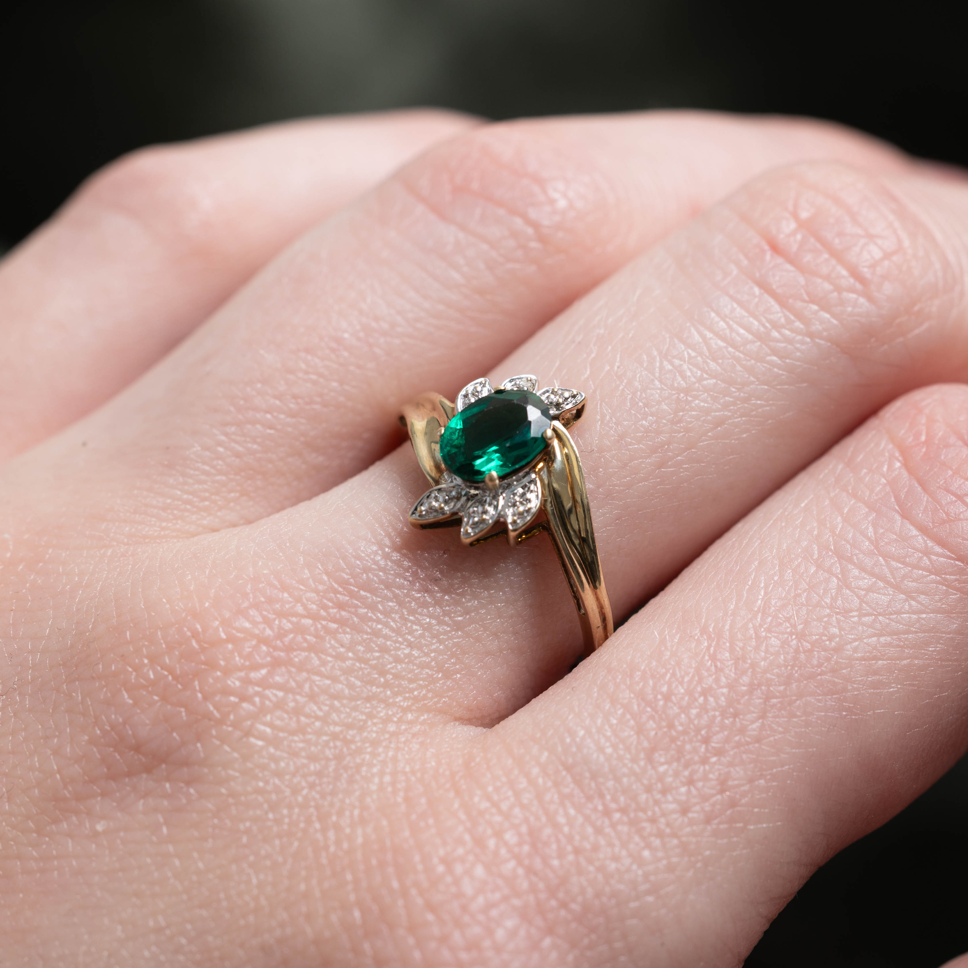 10k Synthetic Emerald & Diamond Bypass Ring | 0.65ct, 0.01ctw | SZ 7