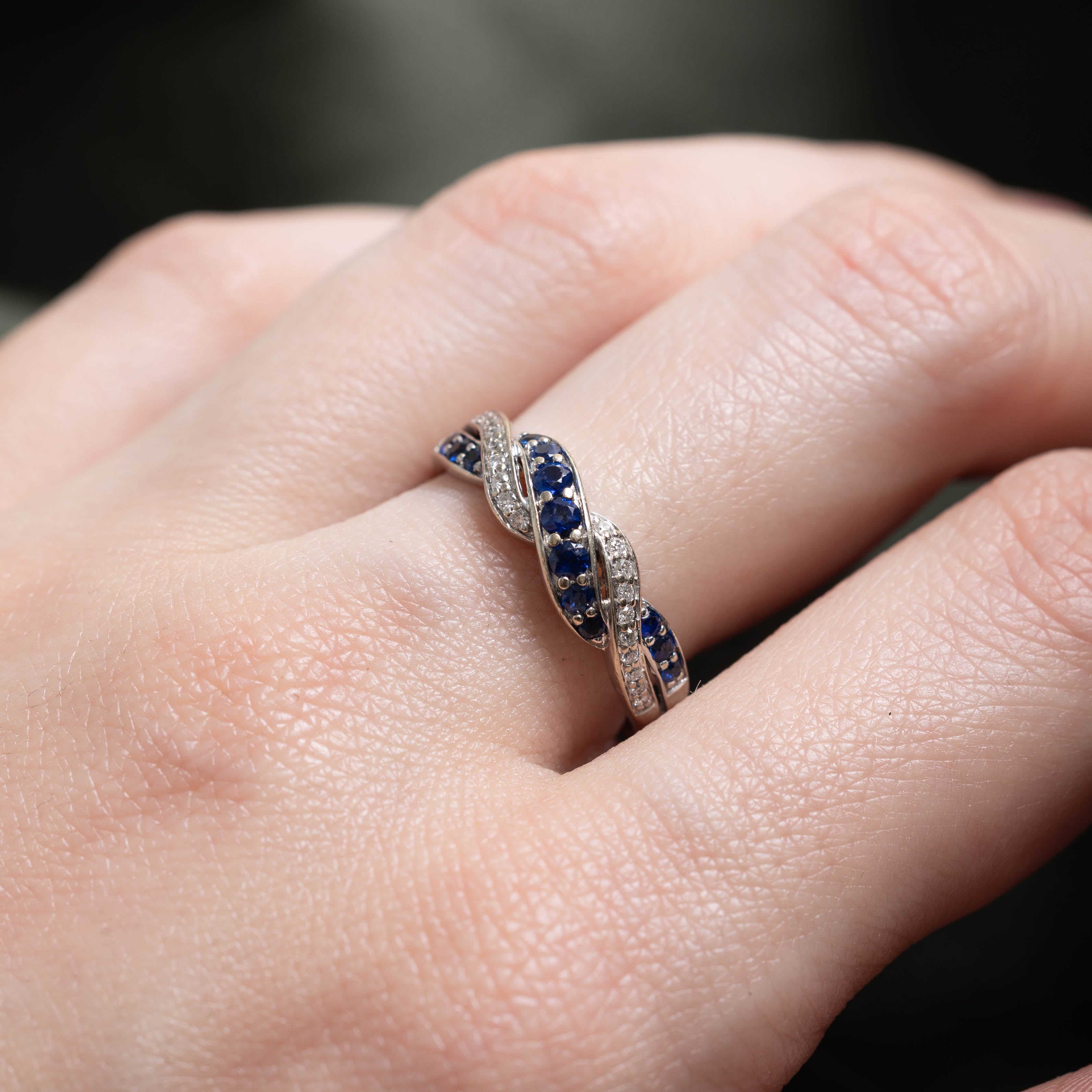 14k Sapphire & Diamond Waterfall Crossover Ring | 0.10ctw, 0.38ctw | SZ 7