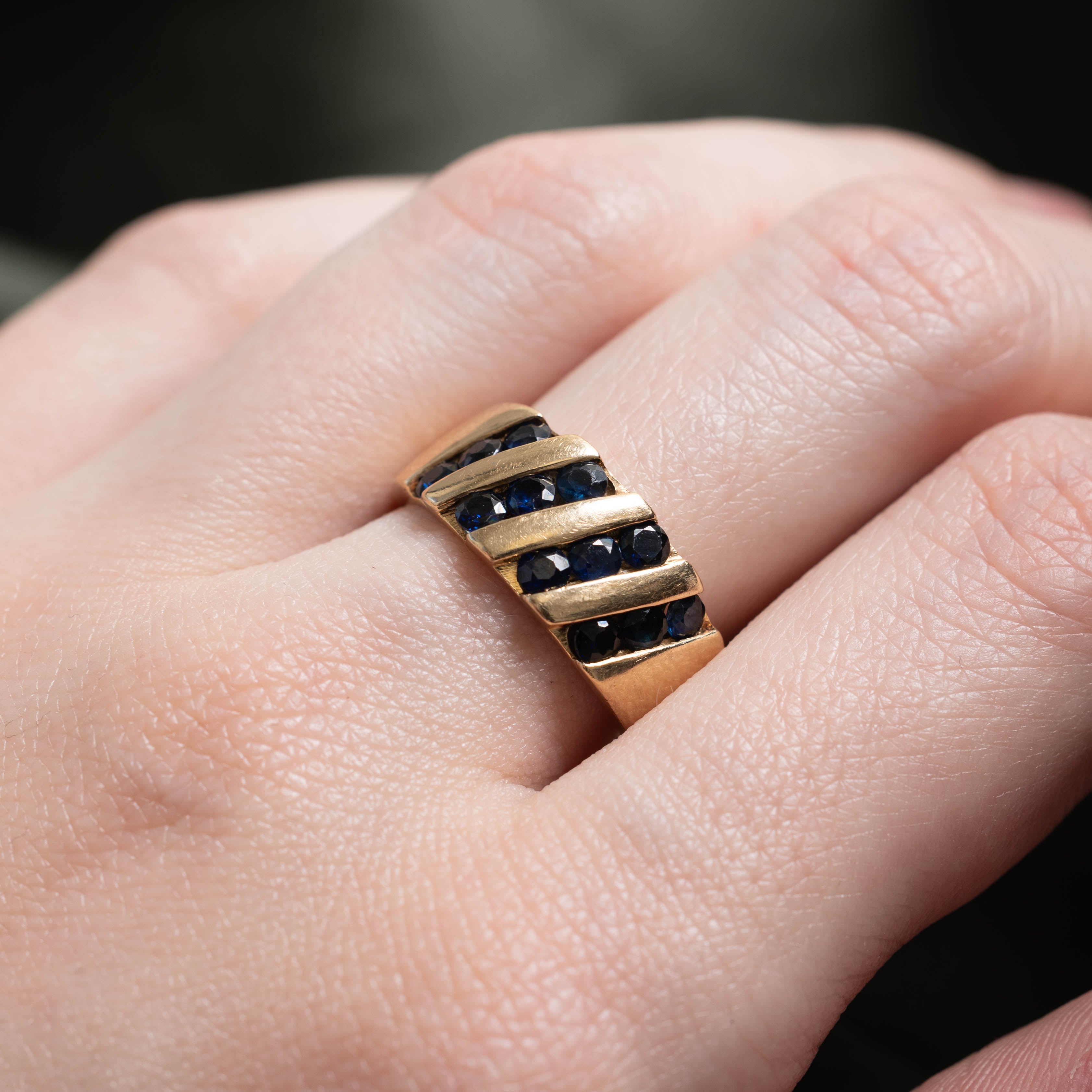 14k Channel Set Sapphire Diagonal Ring | 0.90ctw | SZ 7.25