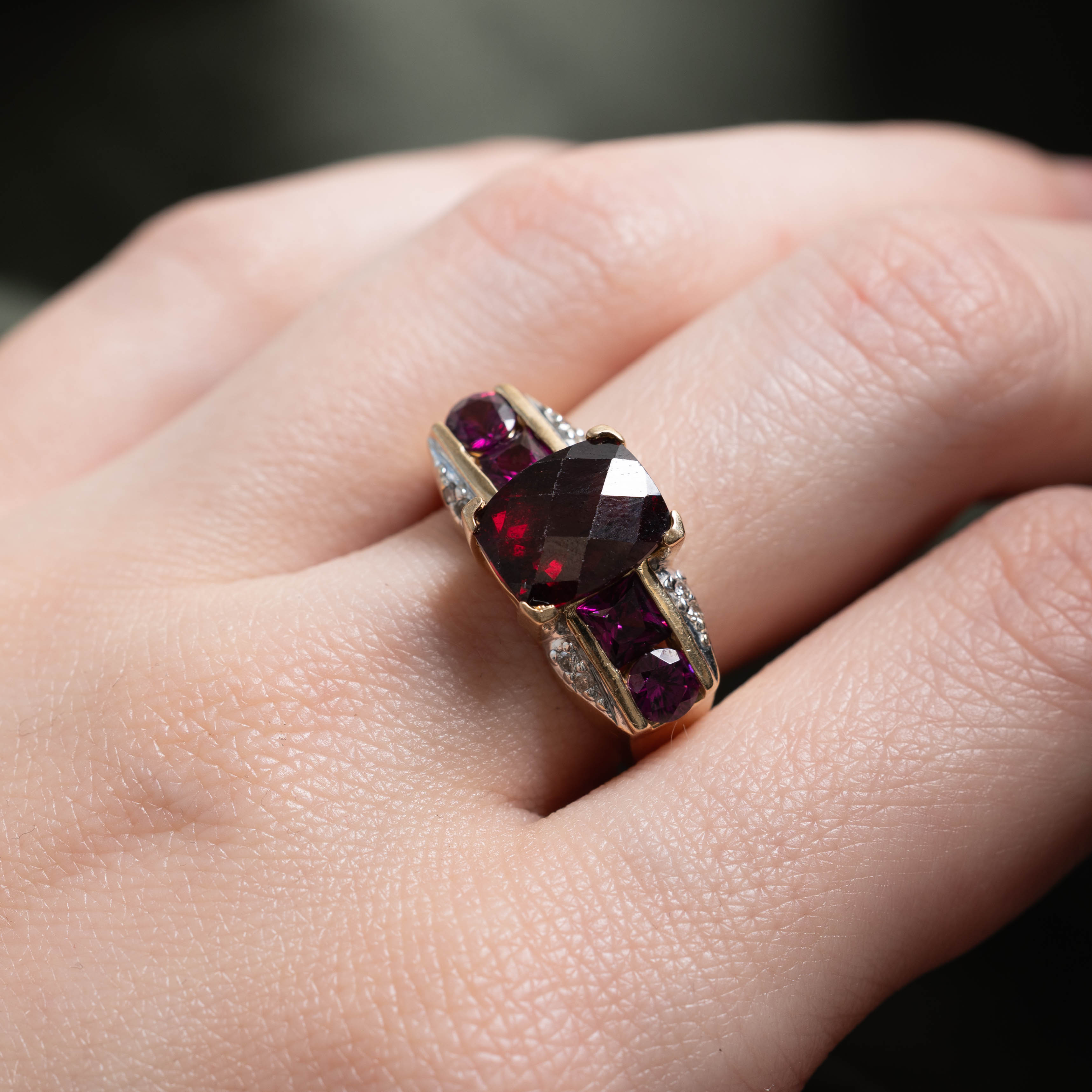 14k Cushion Cut Garnet & Diamond Accents Ring | 6.20ctw, 0.08ctw | SZ 7