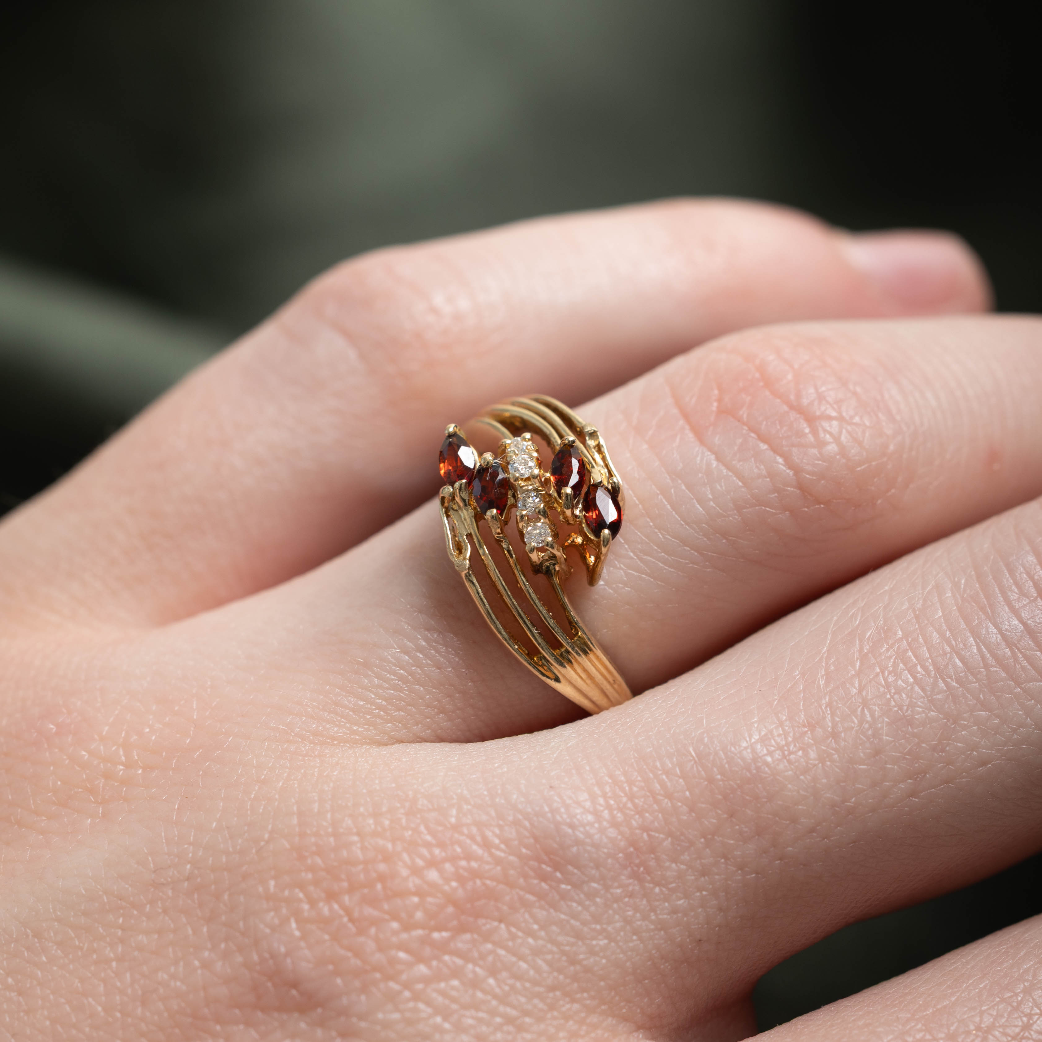 14k Marquise Cut Garnet & Diamond Openwork Ring | 0.28ctw, 0.05ctw | SZ 6
