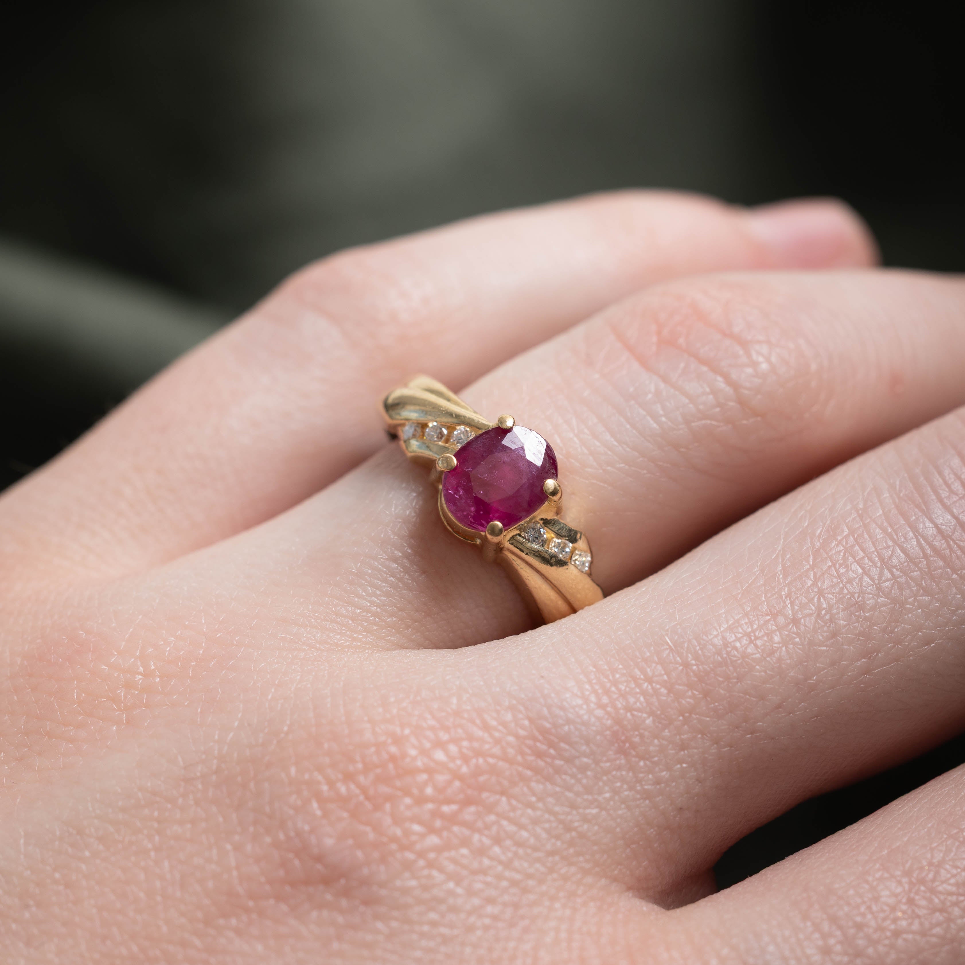 14k Ruby & Diagonal Diamond Ring | 1.10ct, 0.08ctw | SZ 5.75