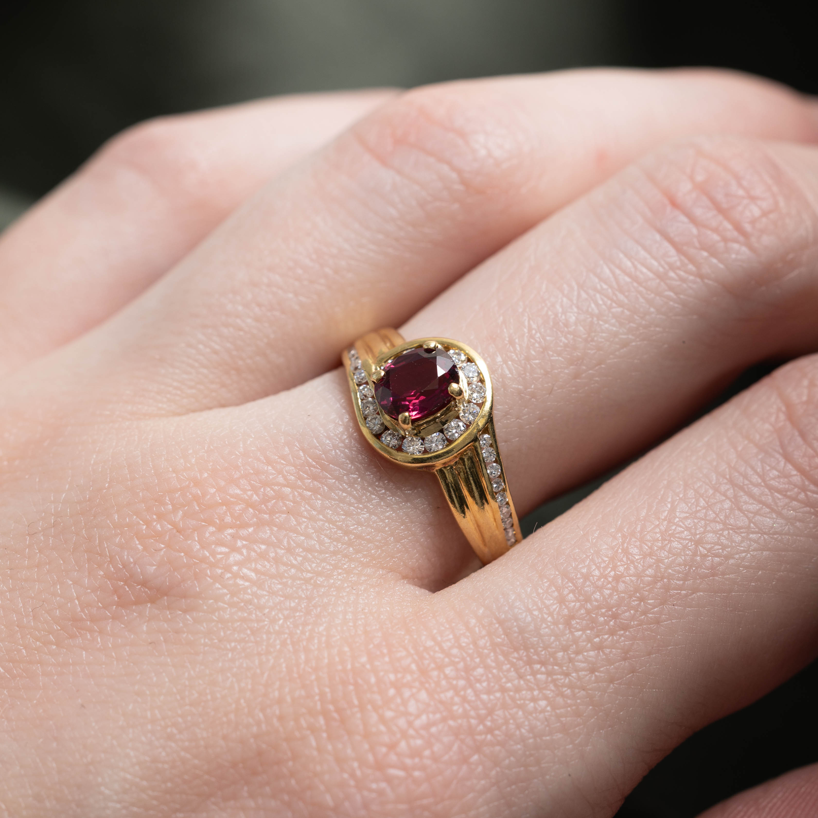 18k Channel Set Ruby & Diamond Halo Ring | 0.34ctw, 0.80ct | SZ 8