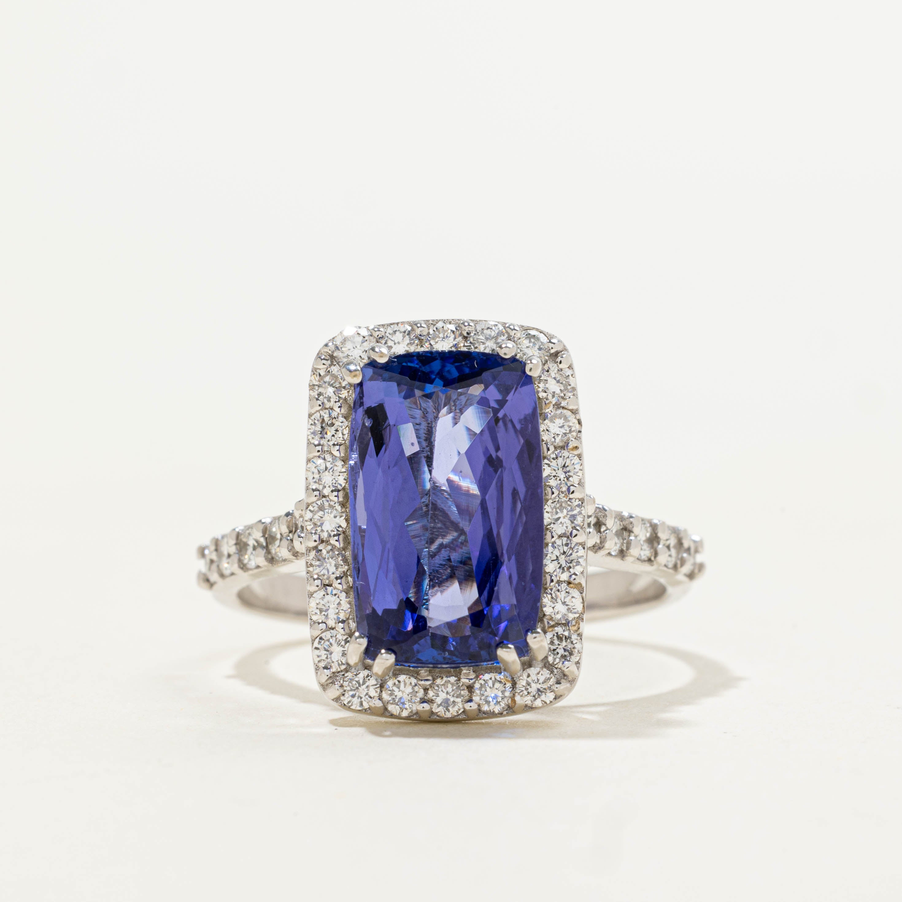 18k Cushion Cut Tanzanite & Diamond Halo Ring | 0.68ctw, 5.00ct | SZ 8.5