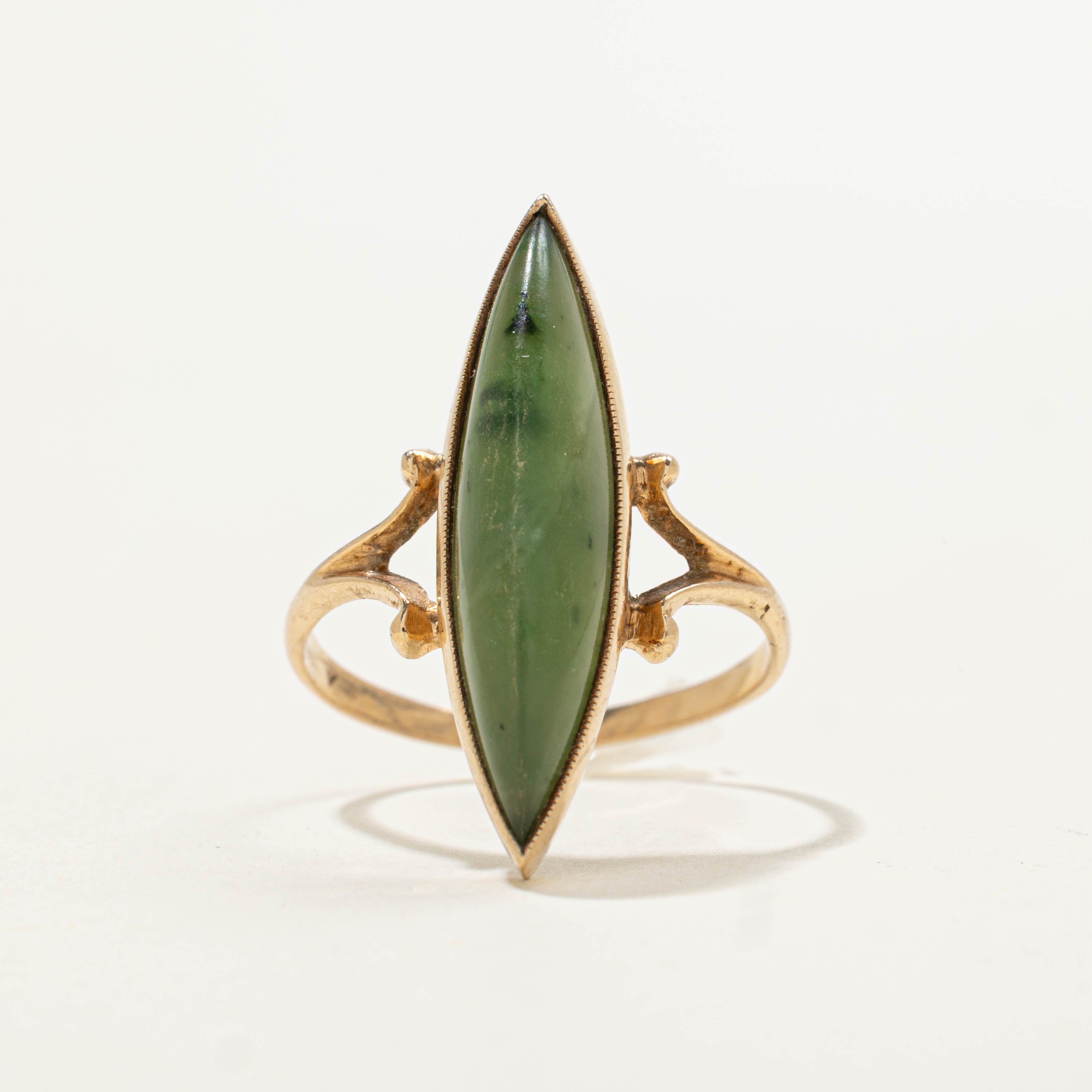 10k Nephrite Jade Split Navette Ring | 5.40ct | SZ 7.5