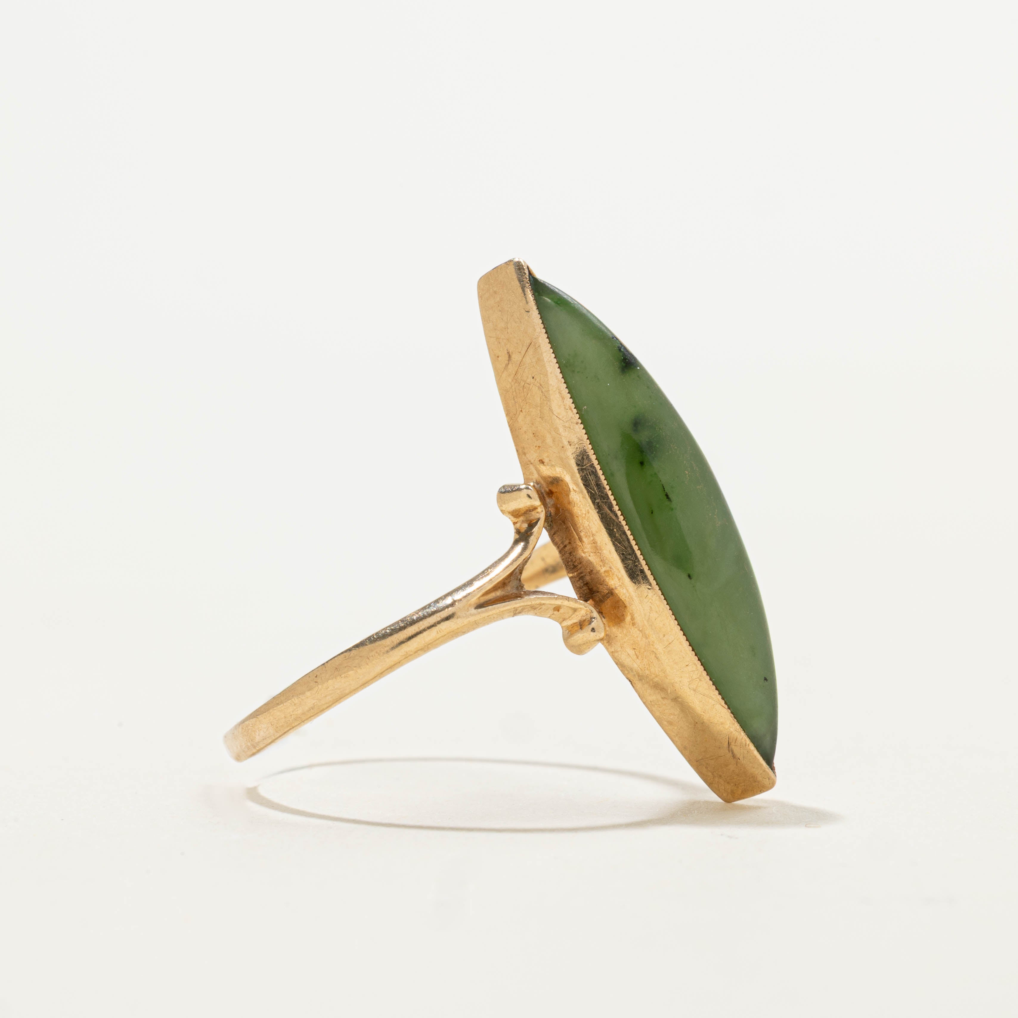 10k Nephrite Jade Split Navette Ring | 5.40ct | SZ 7.5