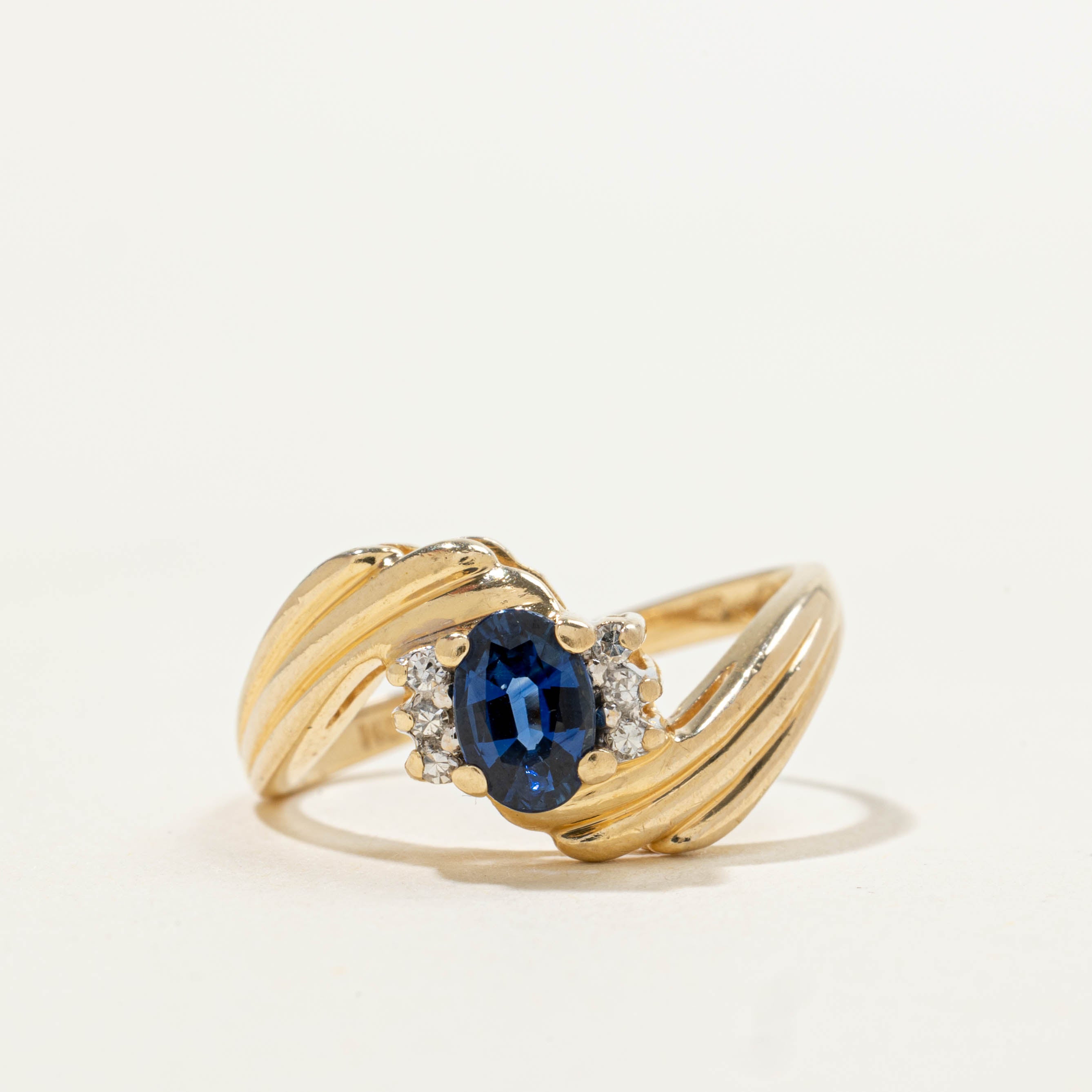 14k Sapphire & Diamond Grooved Bypass Ring | 0.50ct, 0.05ctw | SZ 5.75