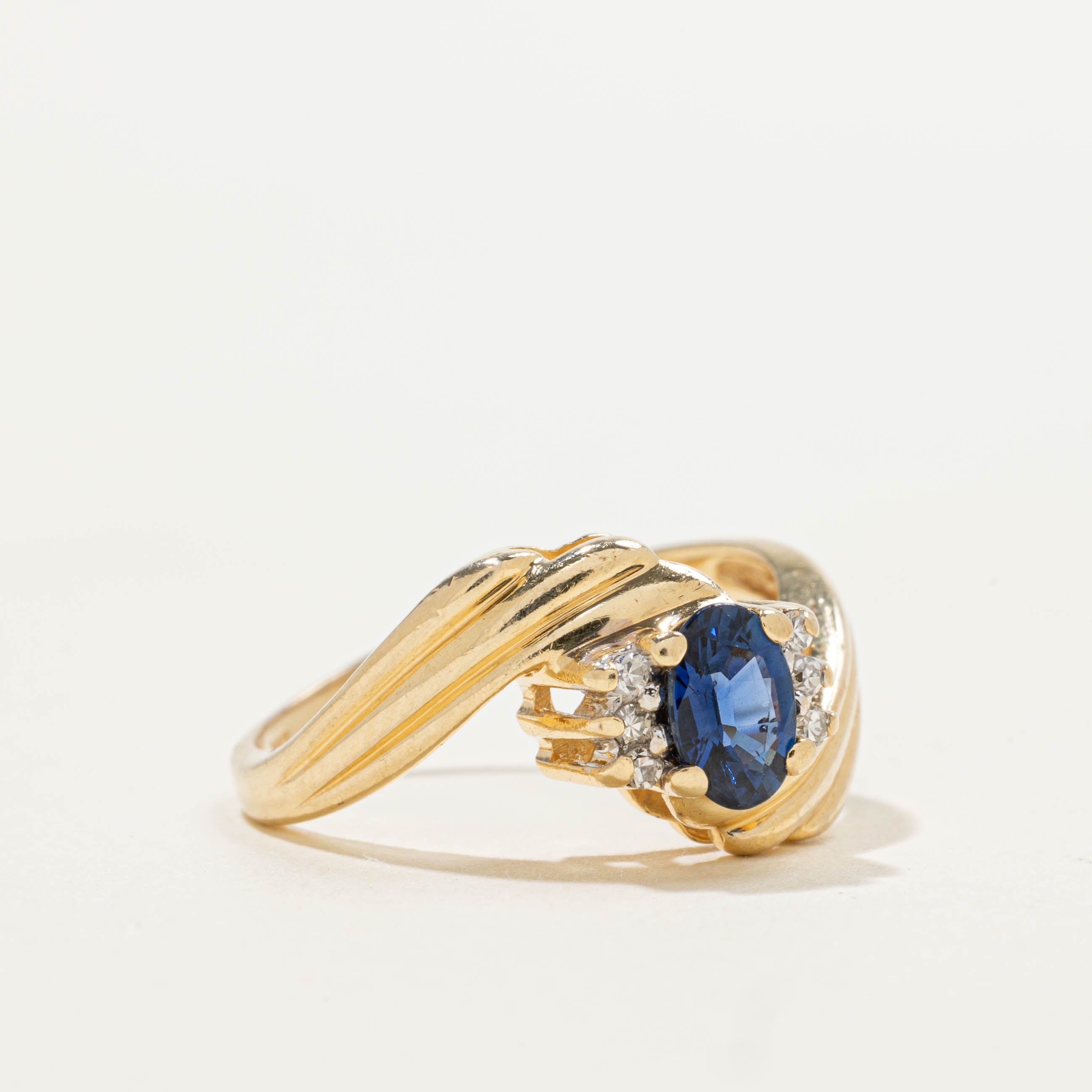 14k Sapphire & Diamond Grooved Bypass Ring | 0.50ct, 0.05ctw | SZ 5.75