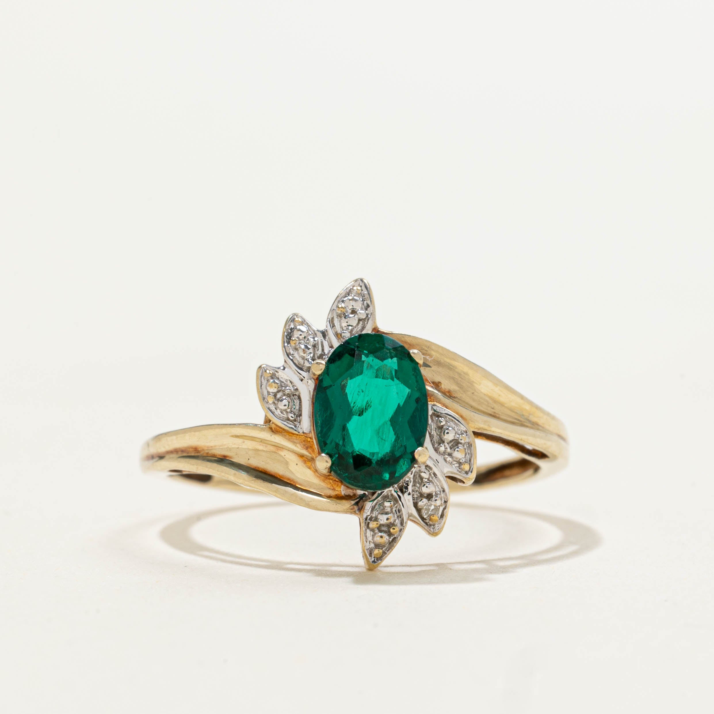 10k Synthetic Emerald & Diamond Bypass Ring | 0.65ct, 0.01ctw | SZ 7