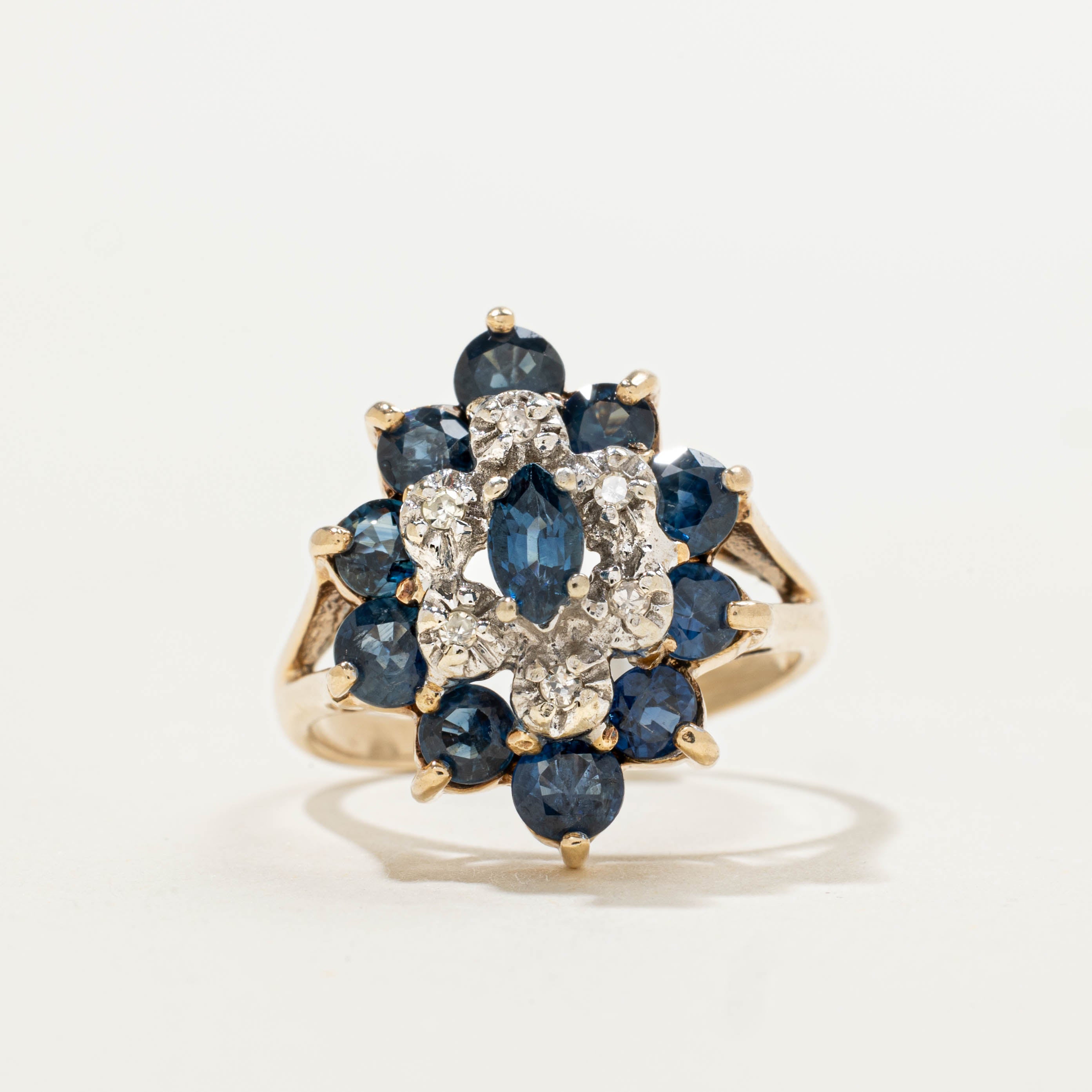 10k Sapphire & Diamond Cluster Navette Ring | 2.20ctw, 0.05ctw | SZ 5.75