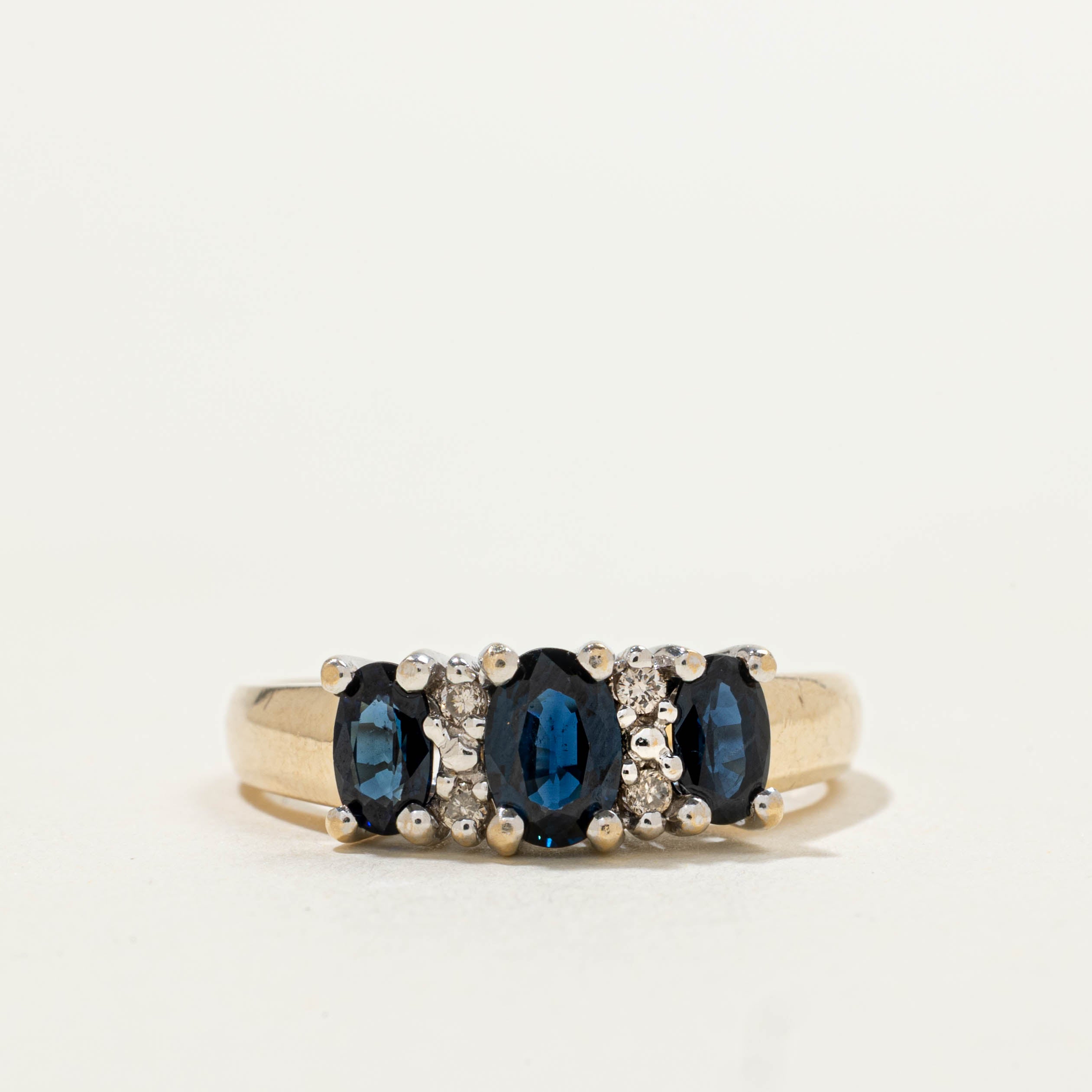 10k Three Stone Sapphire & Diamond Ring | 1.00ctw, 0.08ctw | SZ 6.75