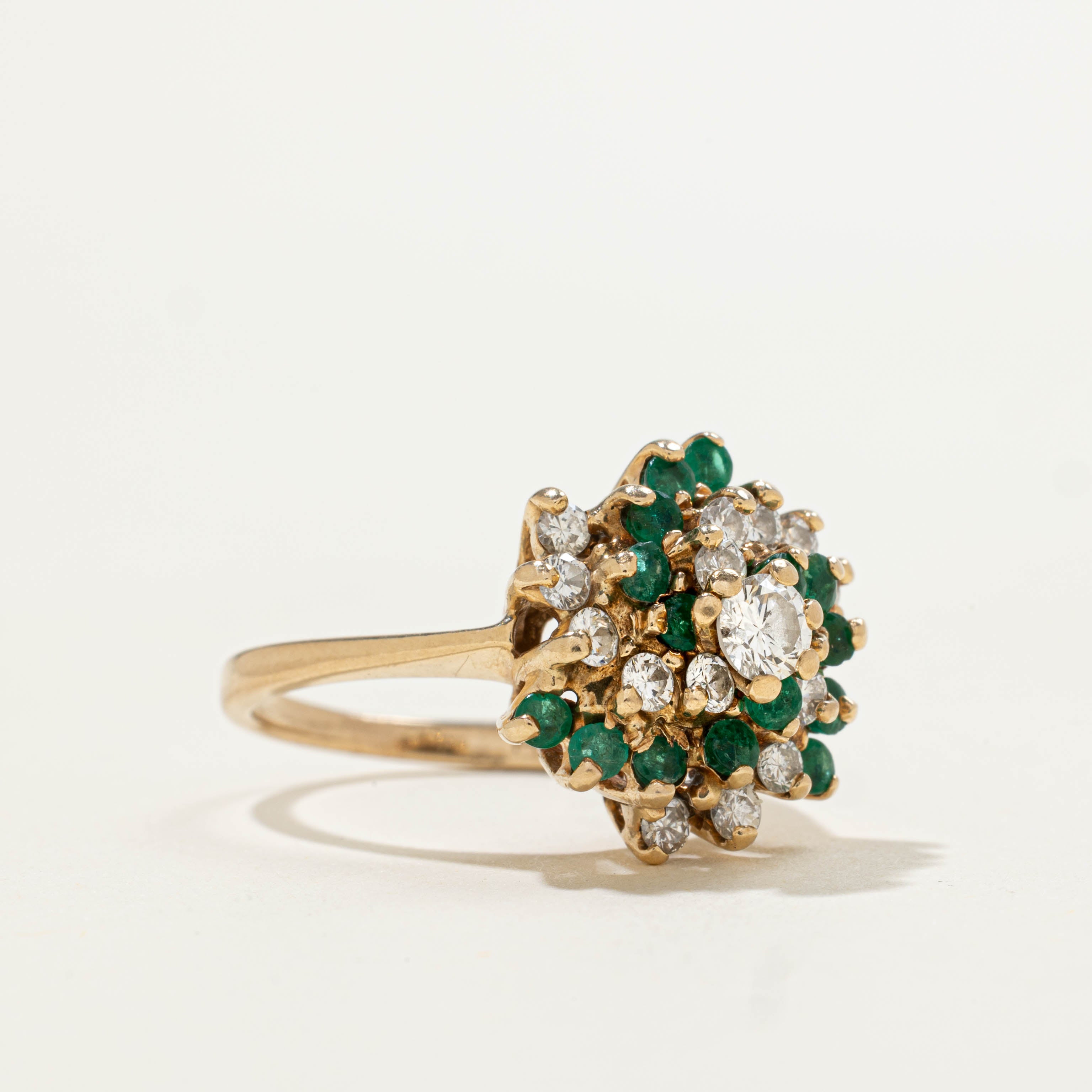 14k Emerald & Diamond Swirl Cluster Cocktail Ring | 0.62ctw, 0.40ctw | SZ 6.5