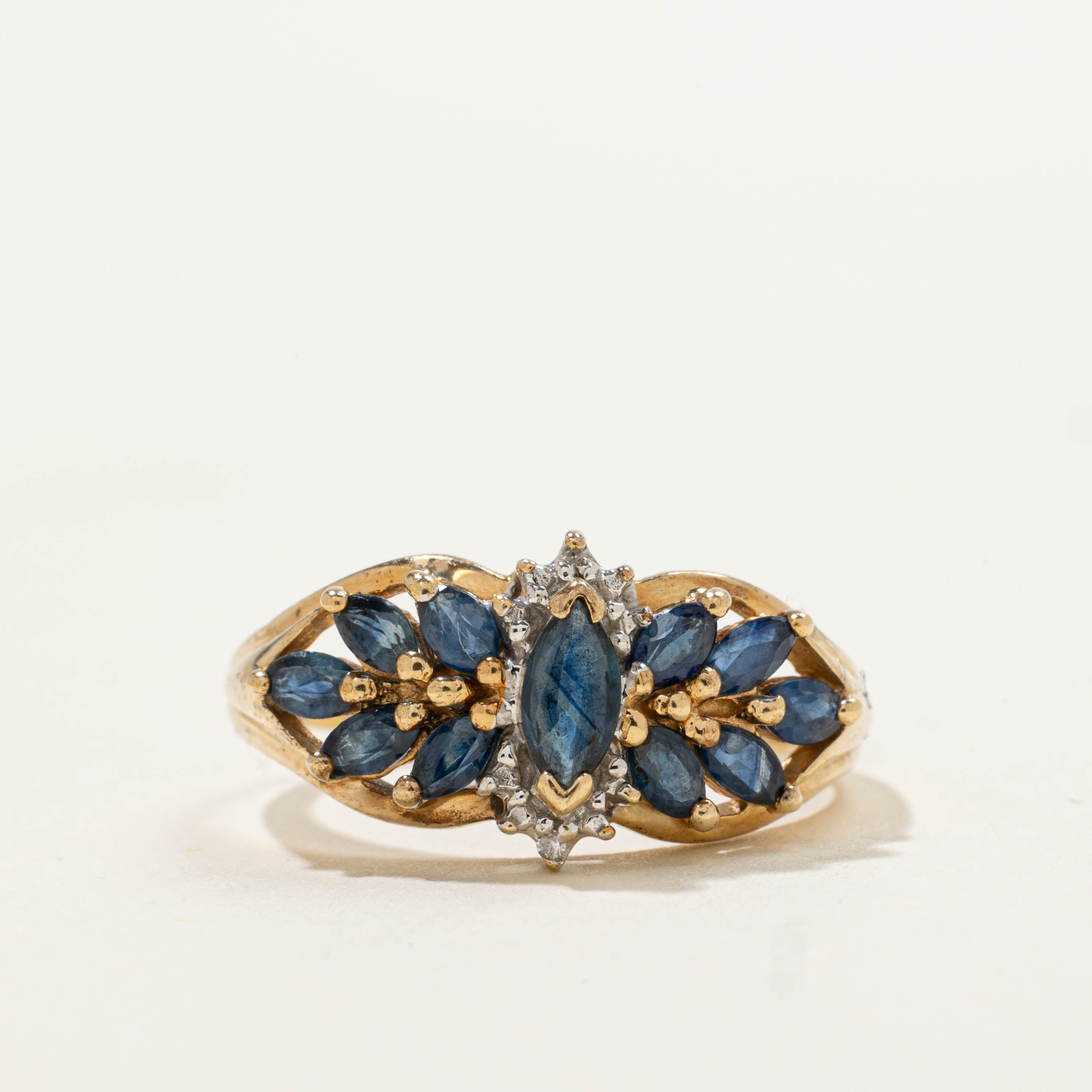 10k Marquise Cut Sapphire & Diamond Cluster Ring | 0.90ctw, 0.01ctw | SZ 7.75