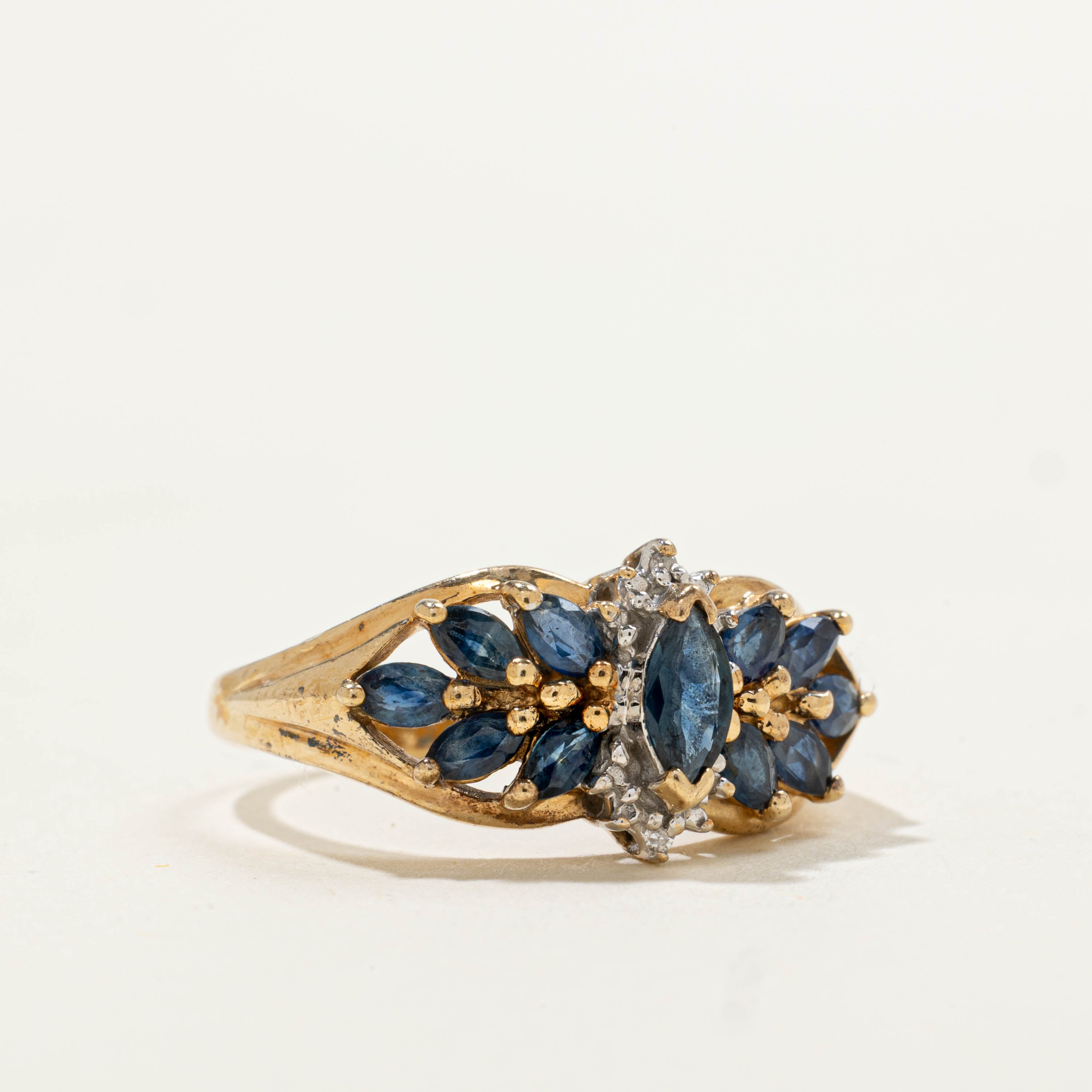 10k Marquise Cut Sapphire & Diamond Cluster Ring | 0.90ctw, 0.01ctw | SZ 7.75