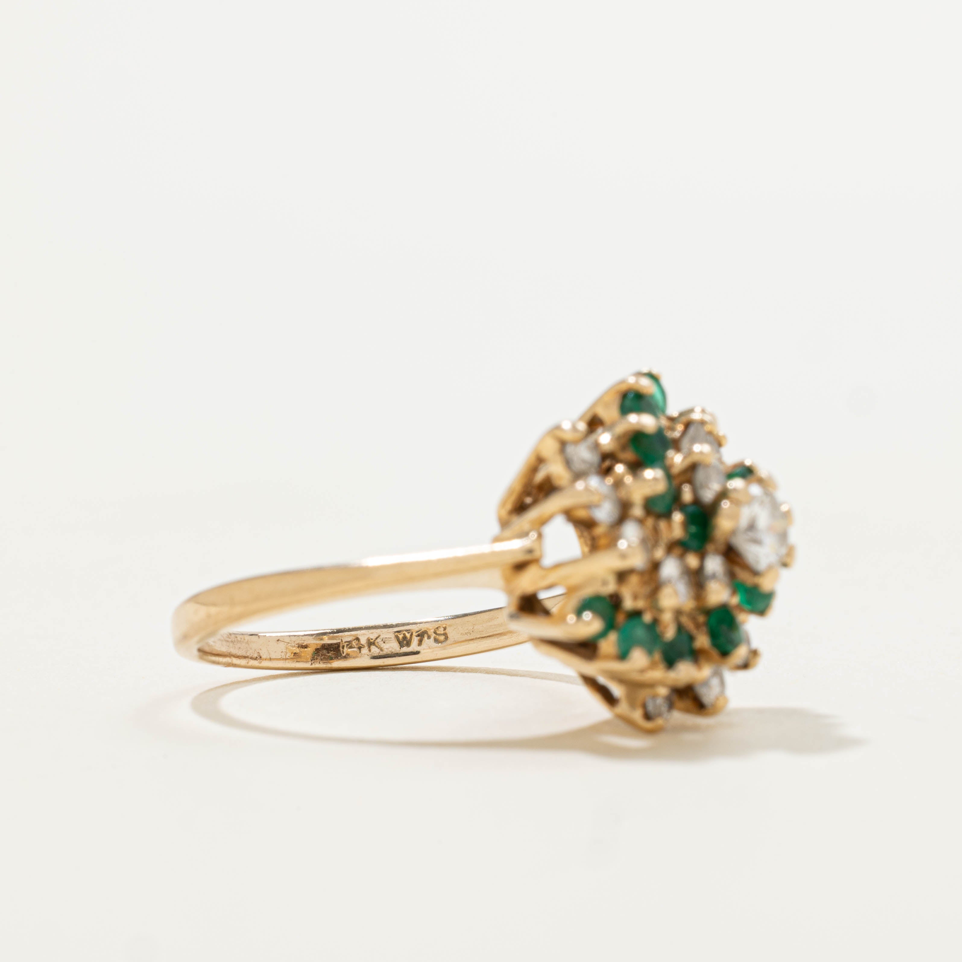14k Emerald & Diamond Swirl Cluster Cocktail Ring | 0.62ctw, 0.40ctw | SZ 6.5