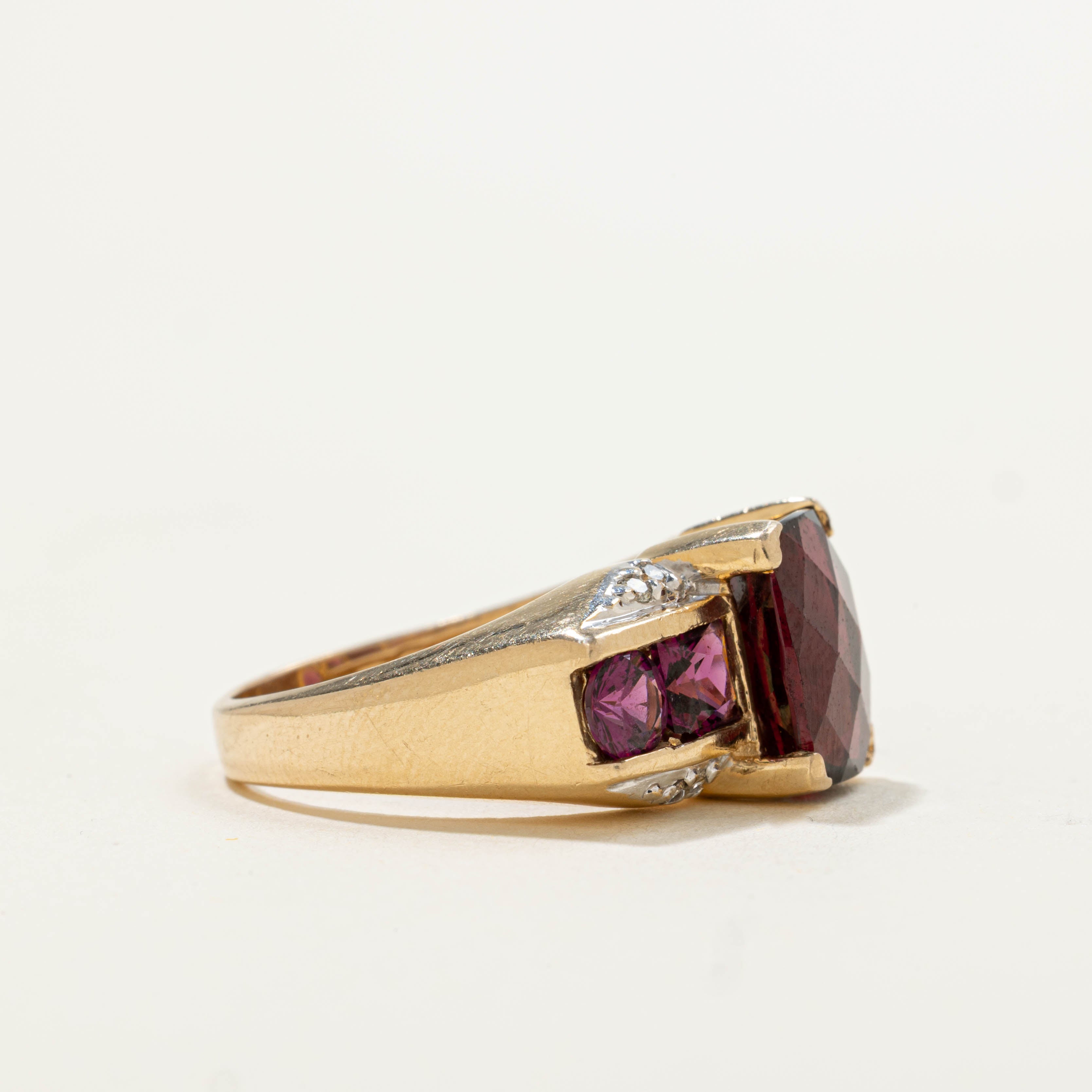 14k Cushion Cut Garnet & Diamond Accents Ring | 6.20ctw, 0.08ctw | SZ 7