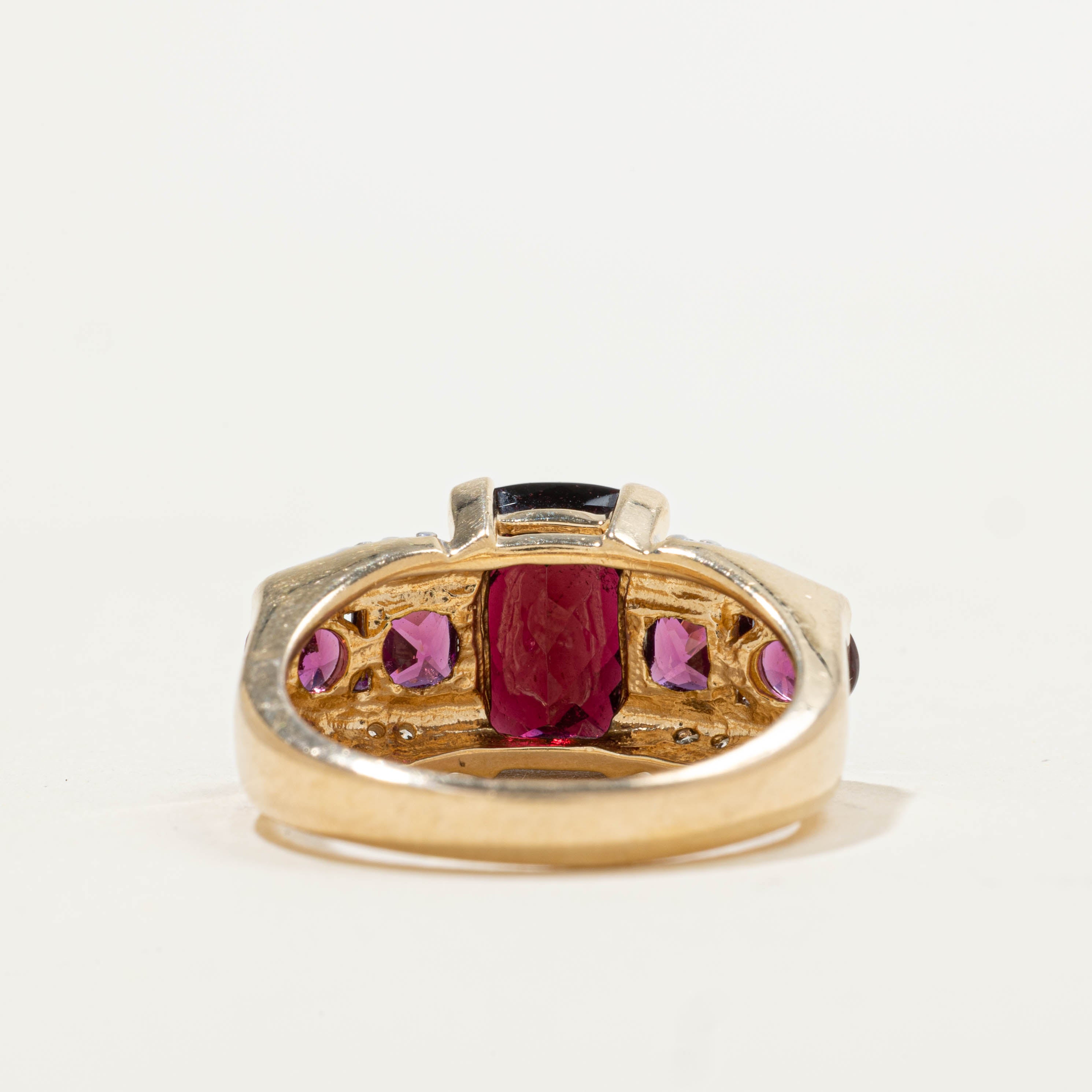 14k Cushion Cut Garnet & Diamond Accents Ring | 6.20ctw, 0.08ctw | SZ 7