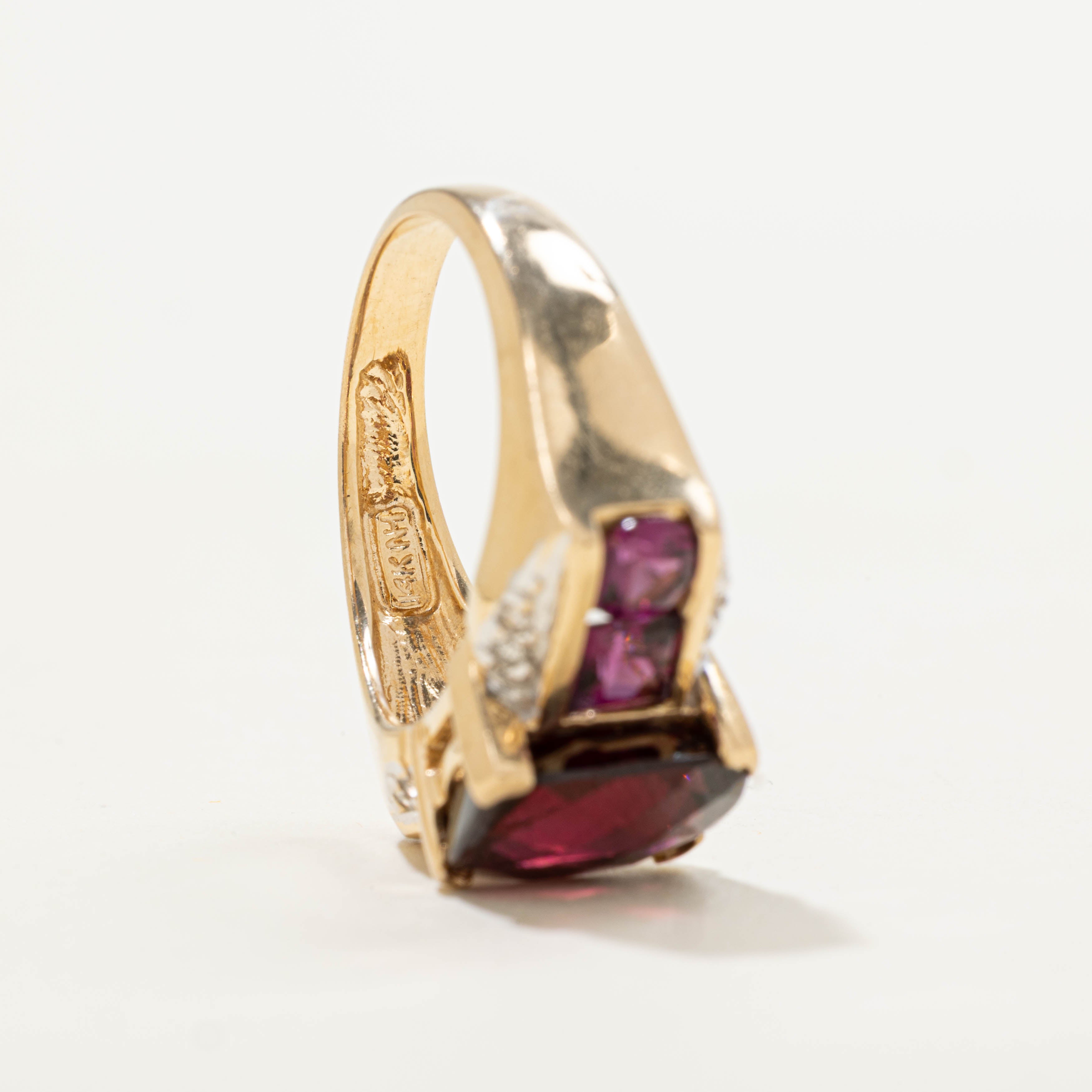 14k Cushion Cut Garnet & Diamond Accents Ring | 6.20ctw, 0.08ctw | SZ 7