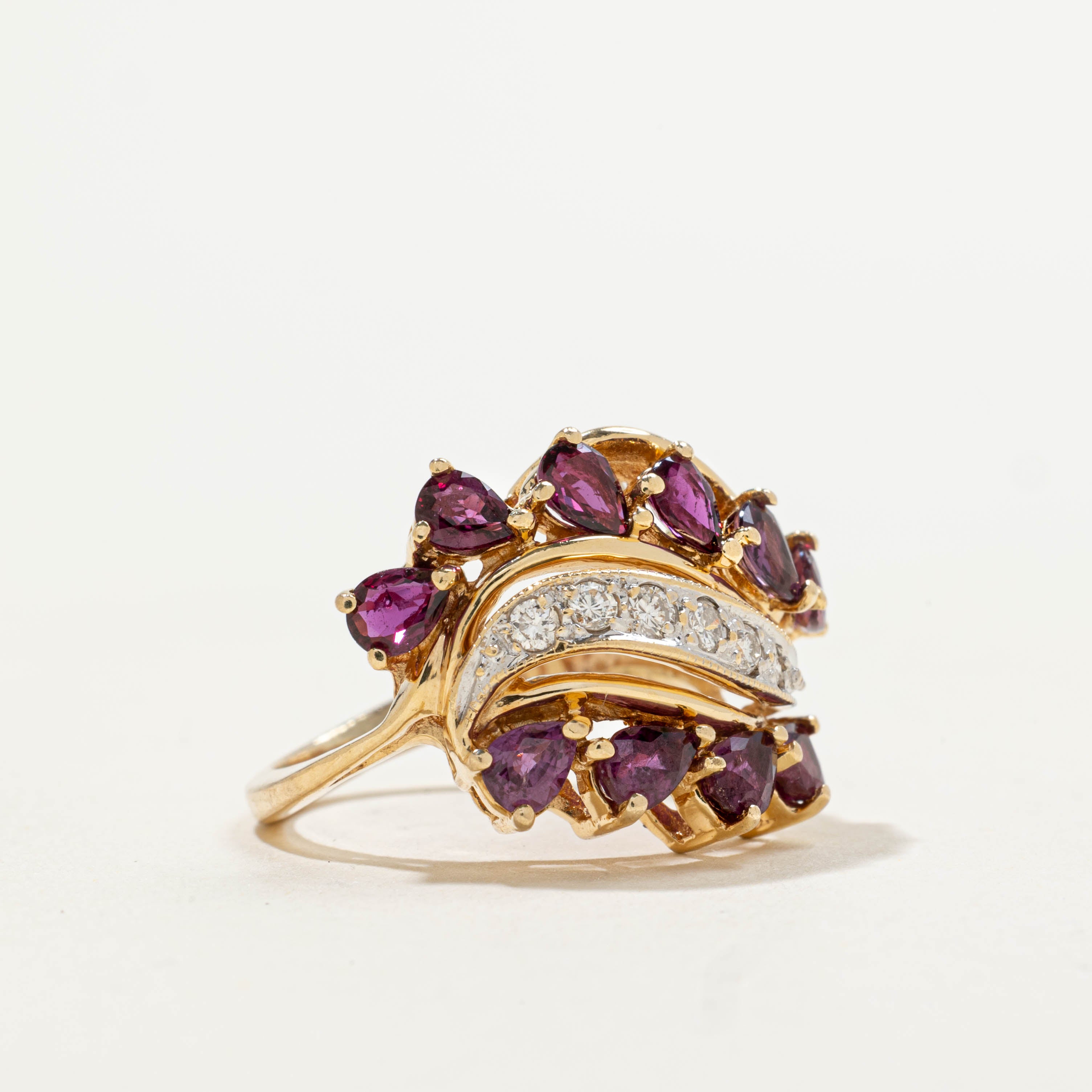 14k Pear Cut Ruby & Diamond Wave Cocktail Ring | 1.60ctw, 0.12ctw | SZ 4.25