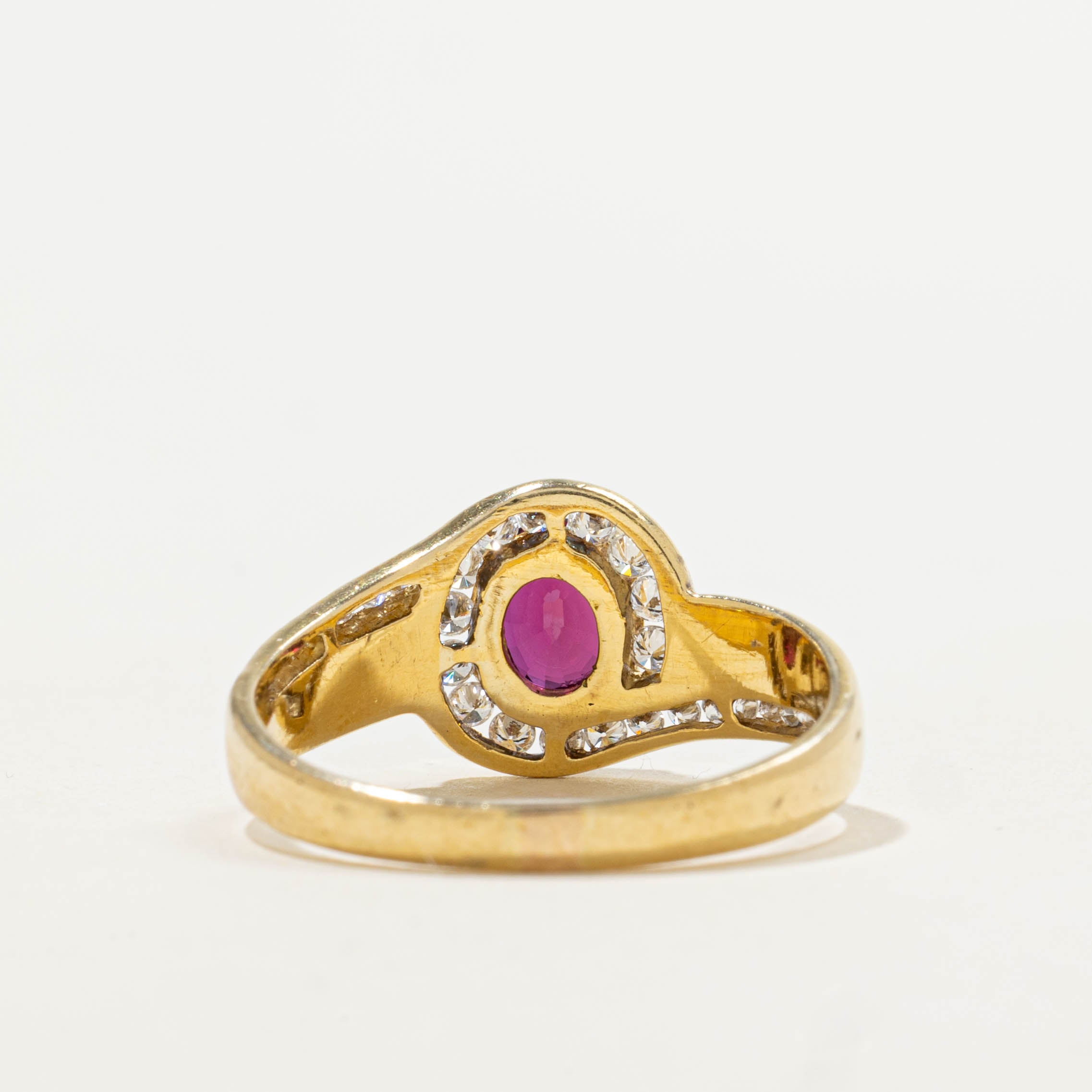 18k Channel Set Ruby & Diamond Halo Ring | 0.34ctw, 0.80ct | SZ 8