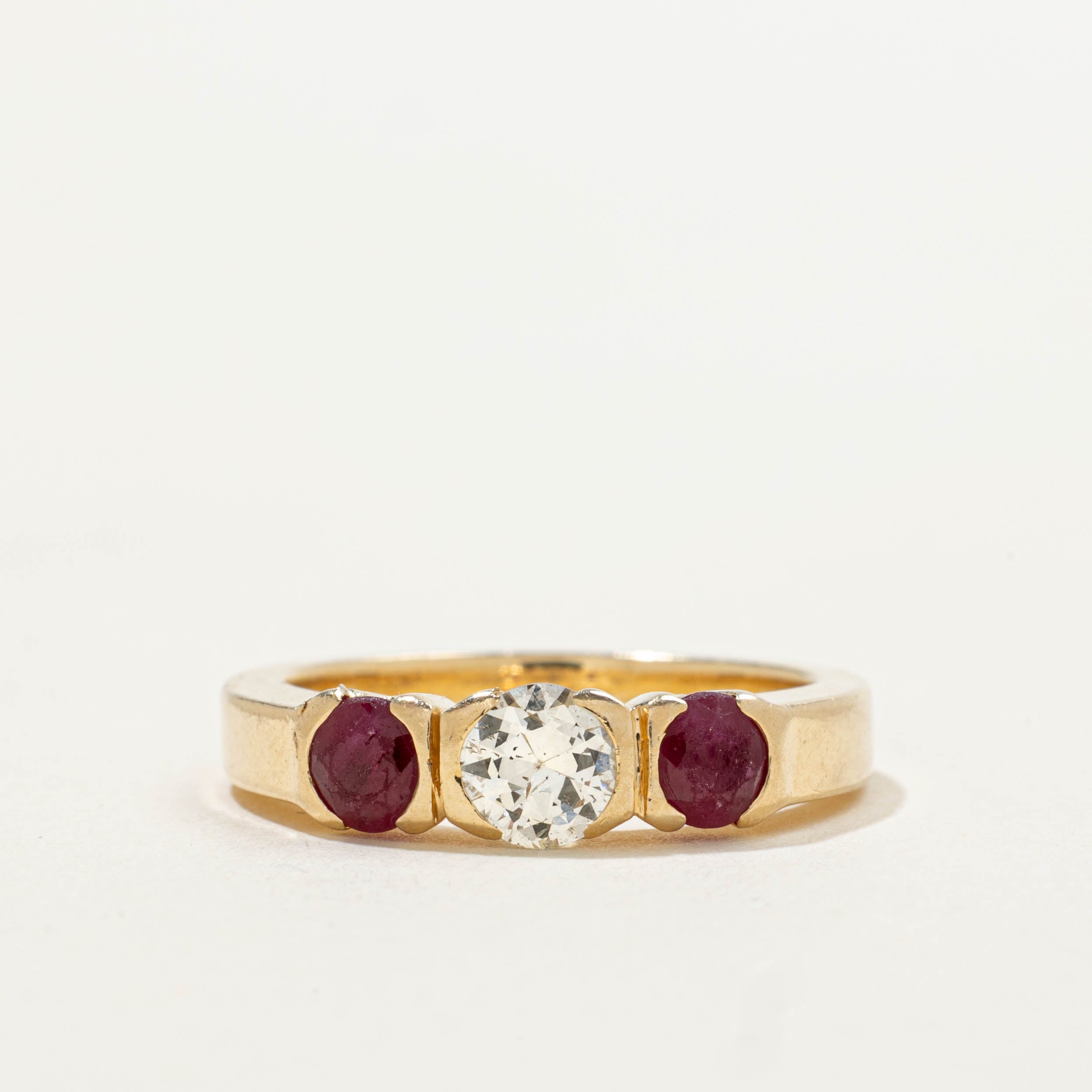 14k Three Stone Ruby & Diamond Ring | 0.56ctw, 0.43ct I1 J | SZ 5.5