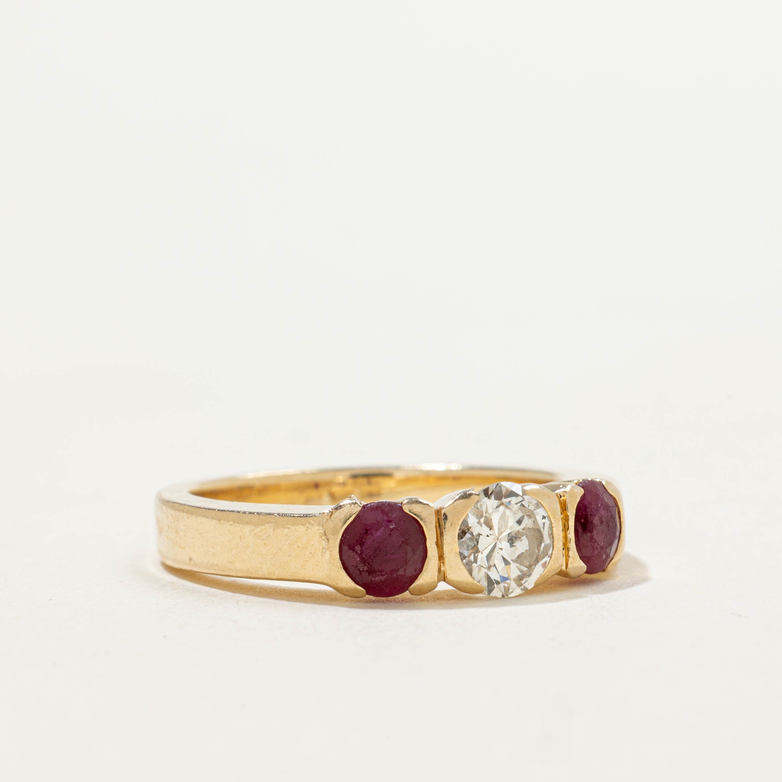 14k Three Stone Ruby & Diamond Ring | 0.56ctw, 0.43ct I1 J | SZ 5.5