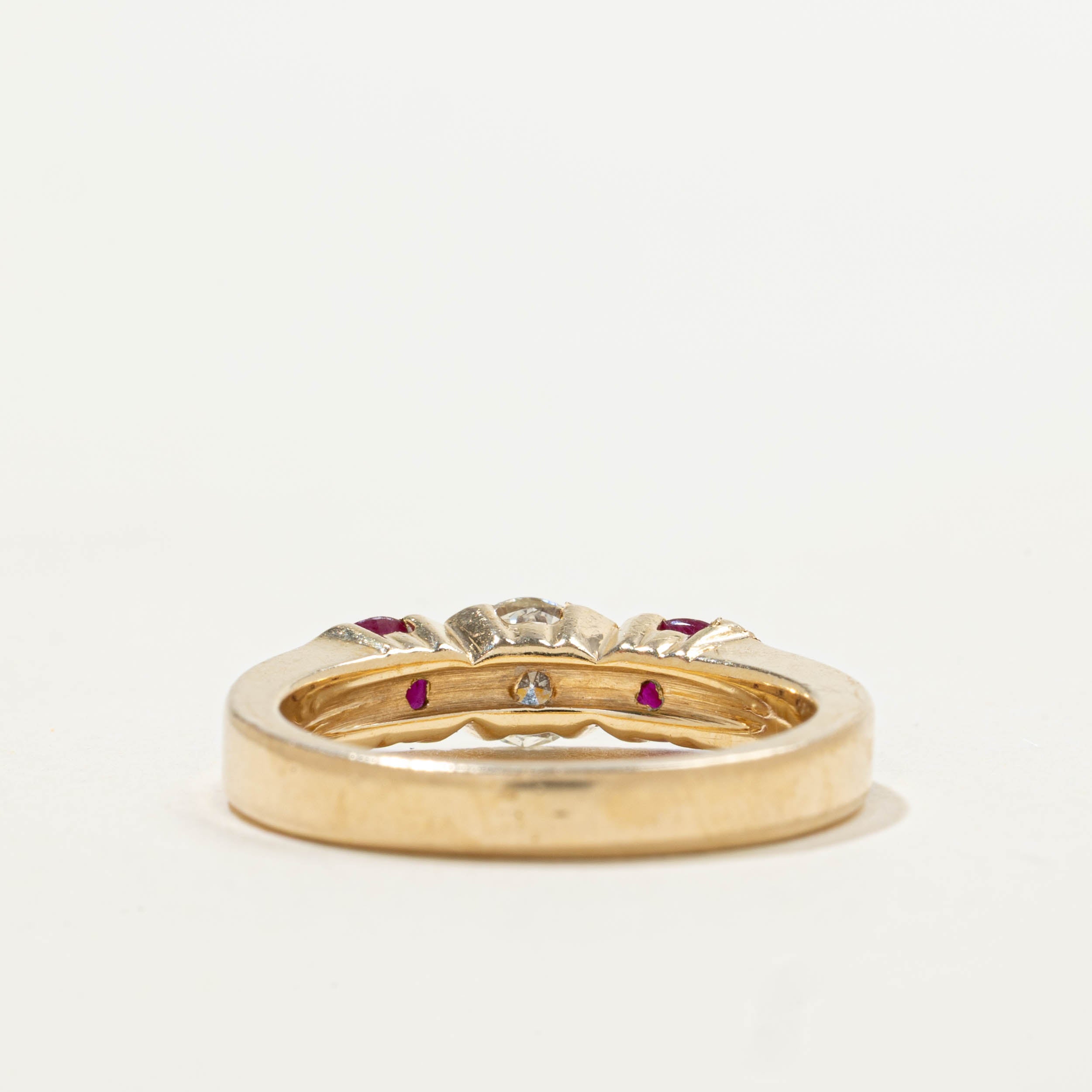 14k Three Stone Ruby & Diamond Ring | 0.56ctw, 0.43ct I1 J | SZ 5.5