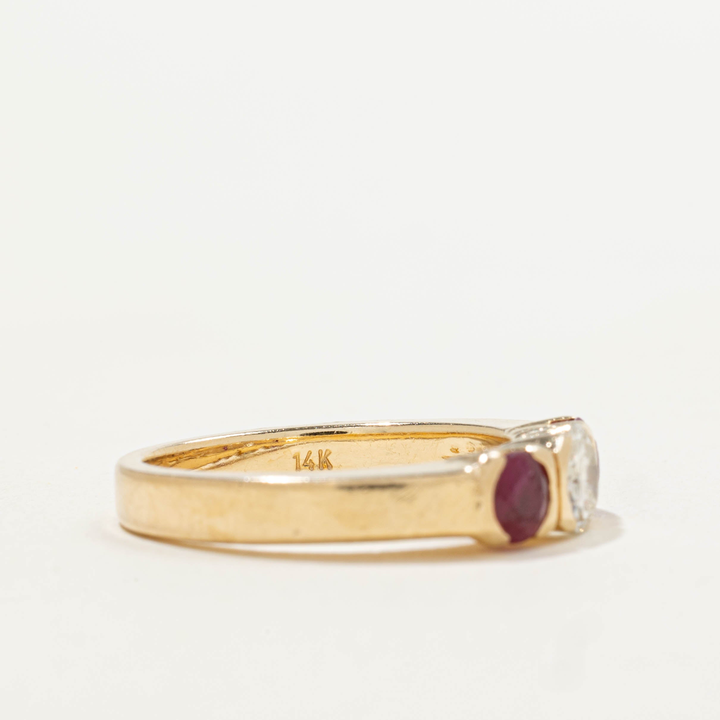 14k Three Stone Ruby & Diamond Ring | 0.56ctw, 0.43ct I1 J | SZ 5.5
