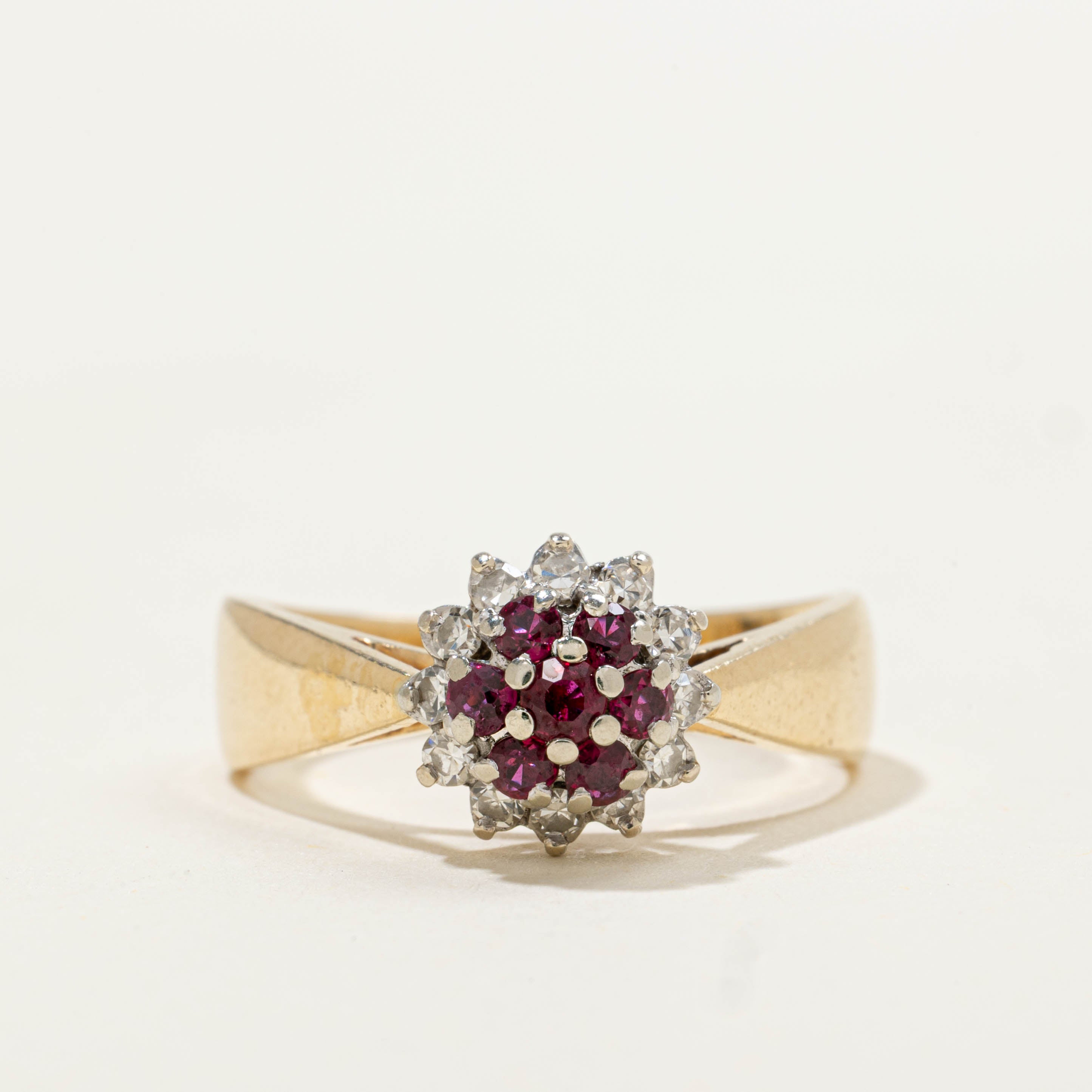 14k Ruby & Diamond Cluster Reverse Tapered Ring | 0.25ctw, 0.18ctw | SZ 6