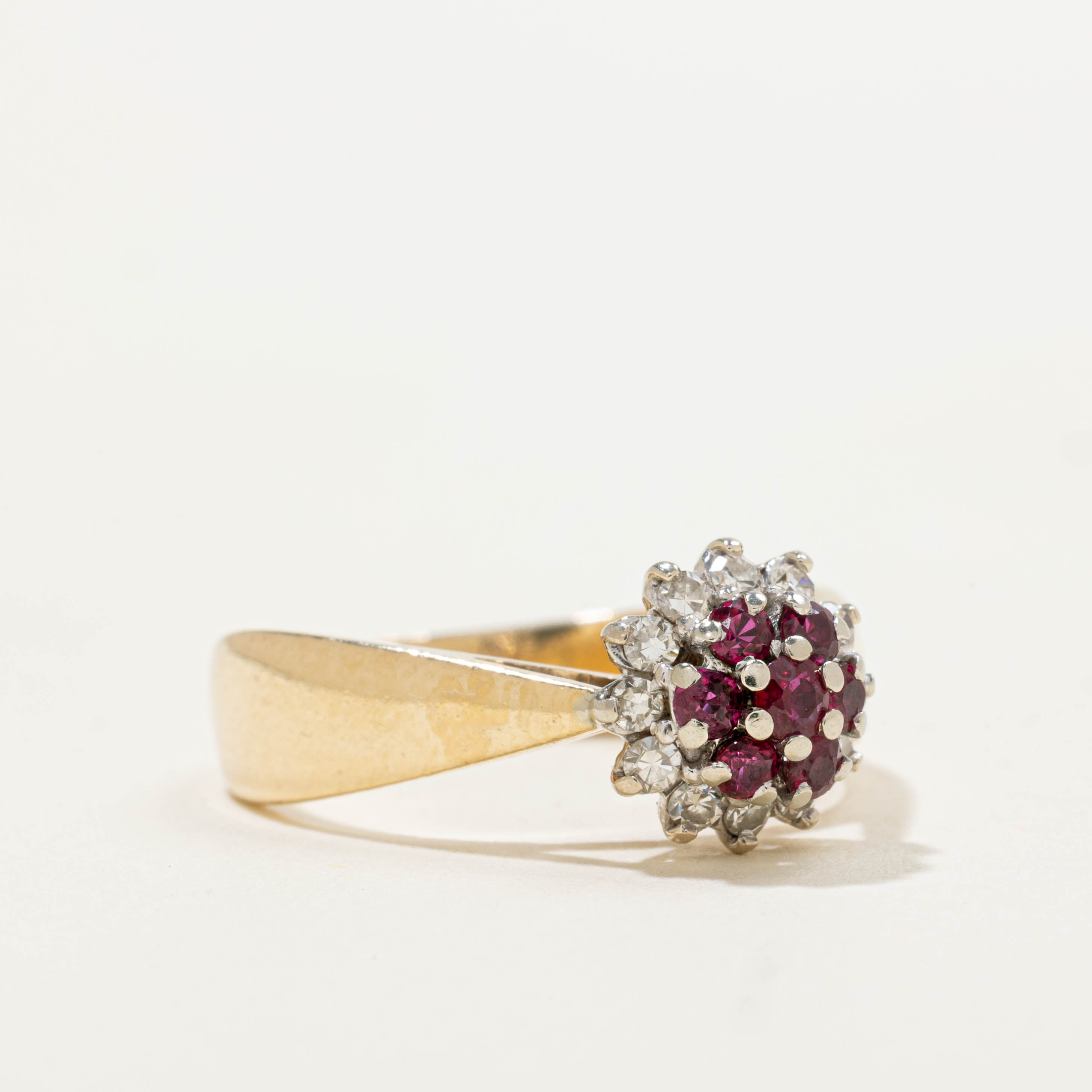 14k Ruby & Diamond Cluster Reverse Tapered Ring | 0.25ctw, 0.18ctw | SZ 6