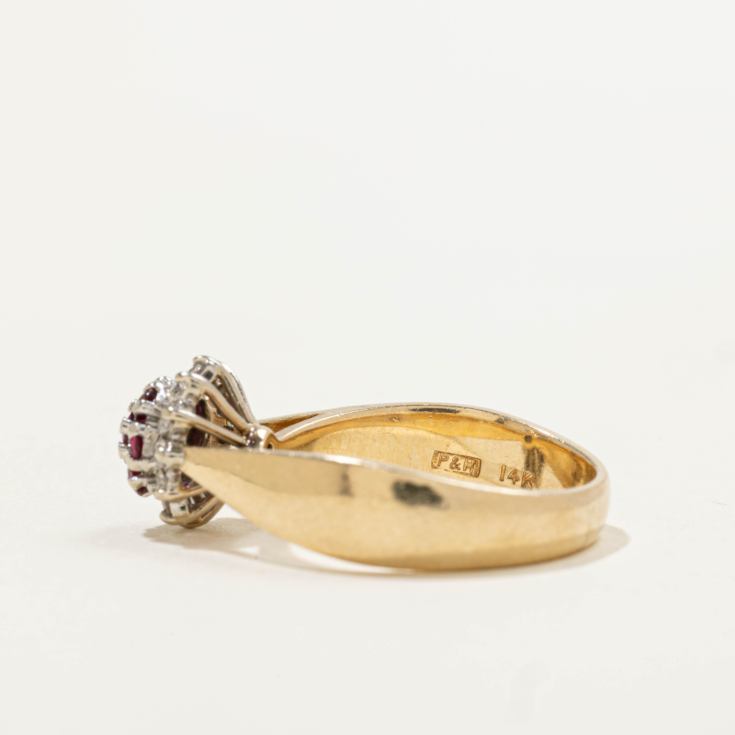 14k Ruby & Diamond Cluster Reverse Tapered Ring | 0.25ctw, 0.18ctw | SZ 6