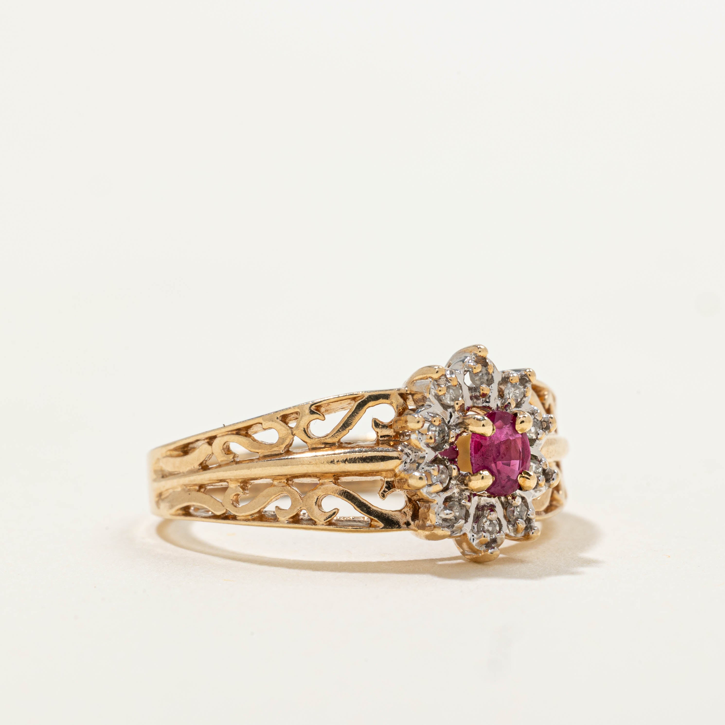 10k Ruby & Diamond Petal Halo Openwork Ring | 0.18ct, 0.05ctw | SZ 6.25