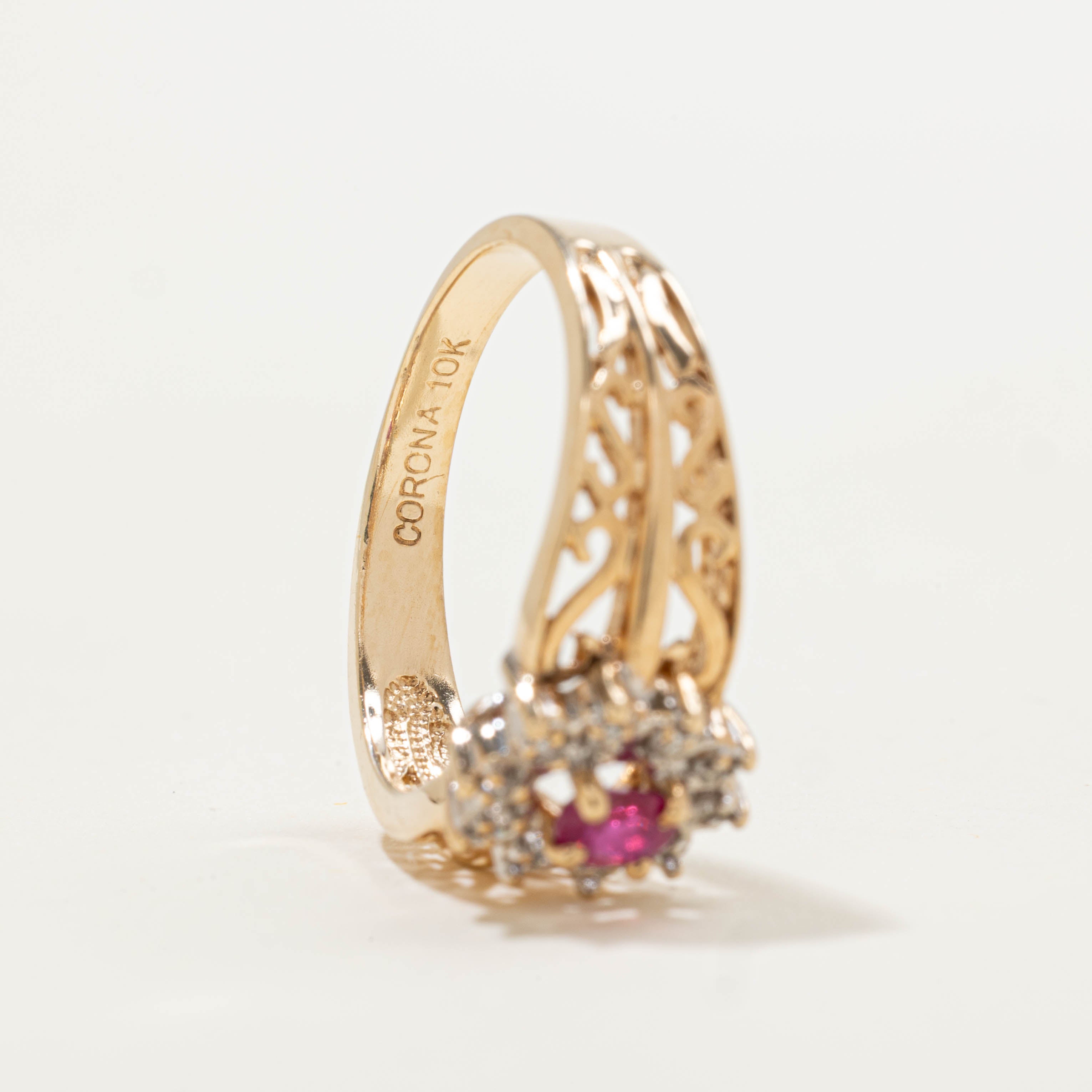 10k Ruby & Diamond Petal Halo Openwork Ring | 0.18ct, 0.05ctw | SZ 6.25