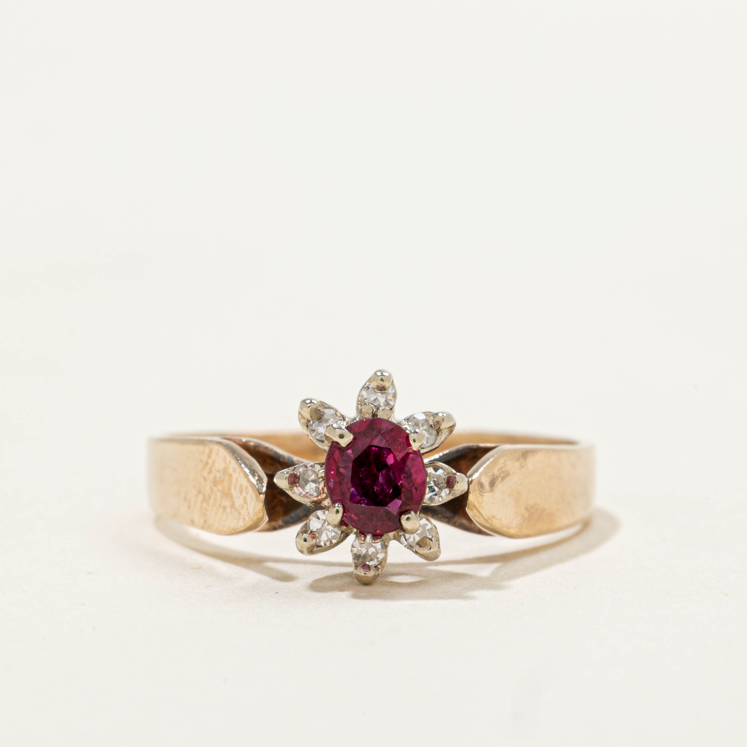 10k Ruby & Diamond Petal Halo Ring | 0.30ct, 0.08ctw | SZ 6.25
