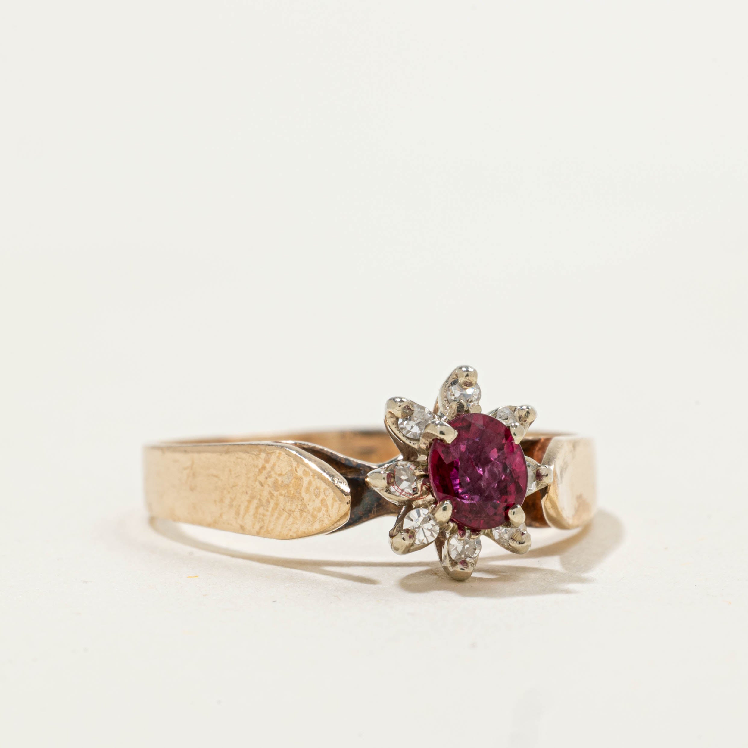 10k Ruby & Diamond Petal Halo Ring | 0.30ct, 0.08ctw | SZ 6.25