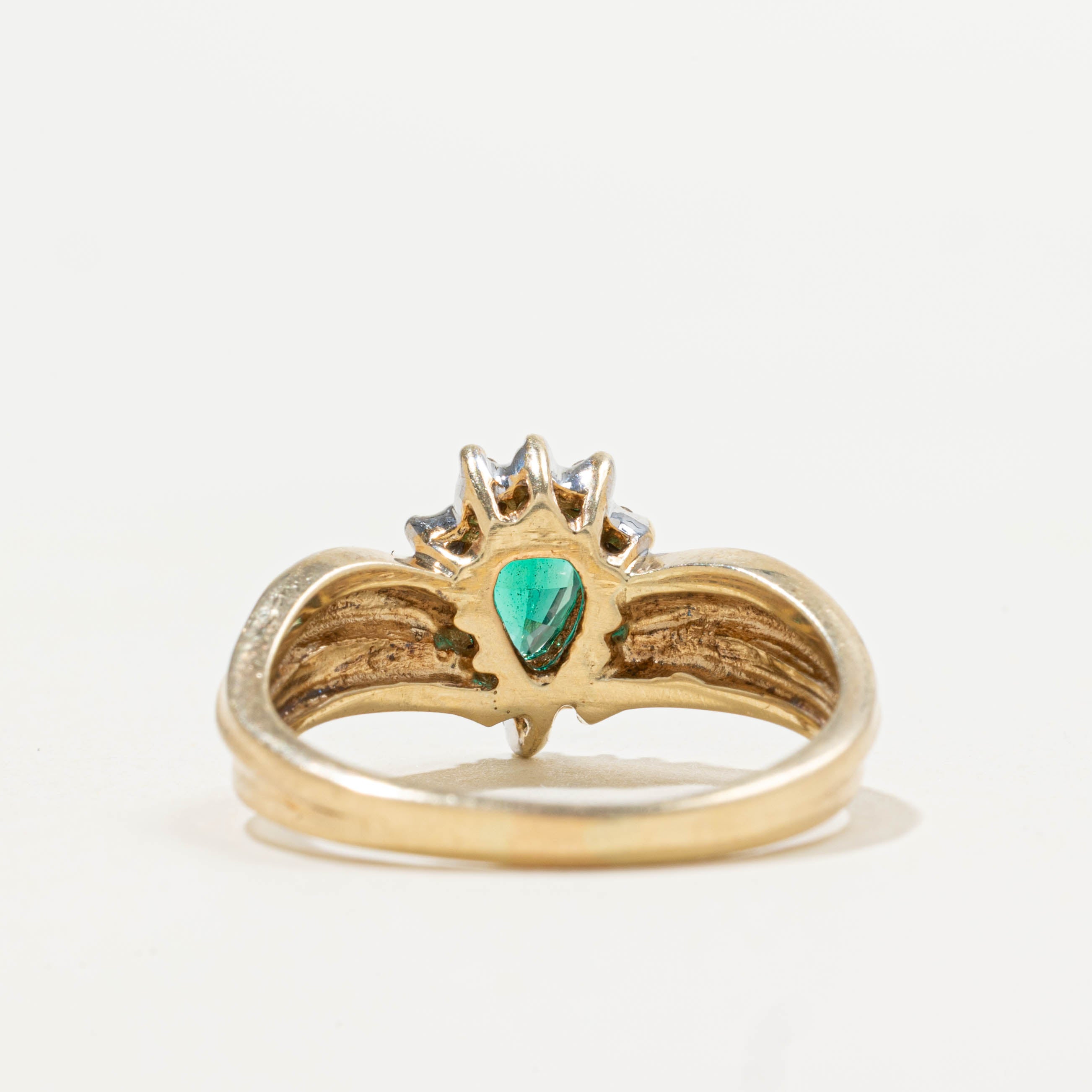 10k Synthetic Emerald & Diamond Halo Grooved Ring | 0.30ct, 0.12ctw | SZ 6.5