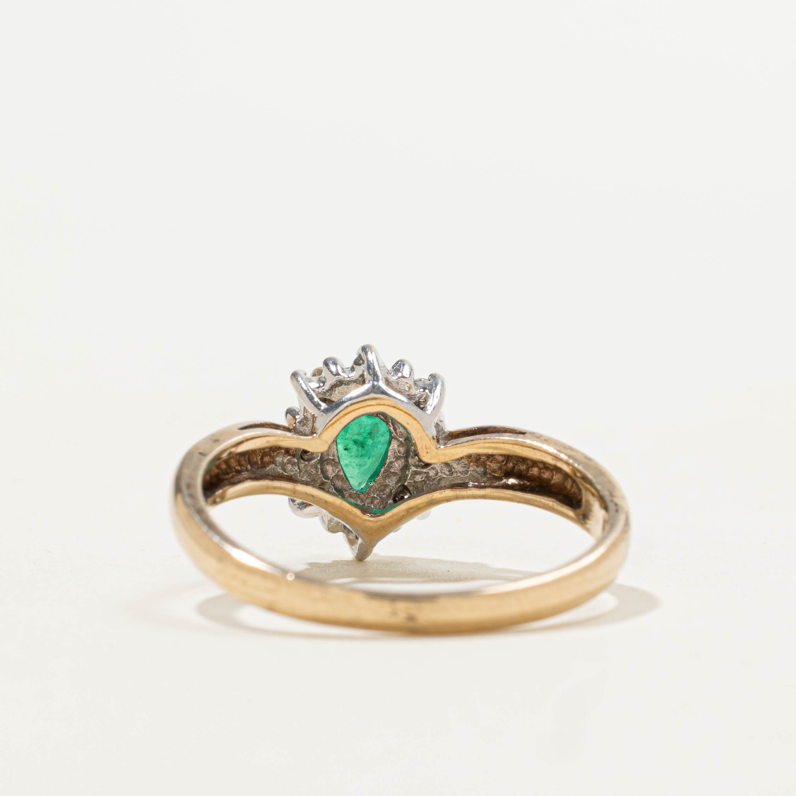 10k Emerald & Diamond Halo Chevron Ring | 0.08ctw, 0.32ct | SZ 6.5