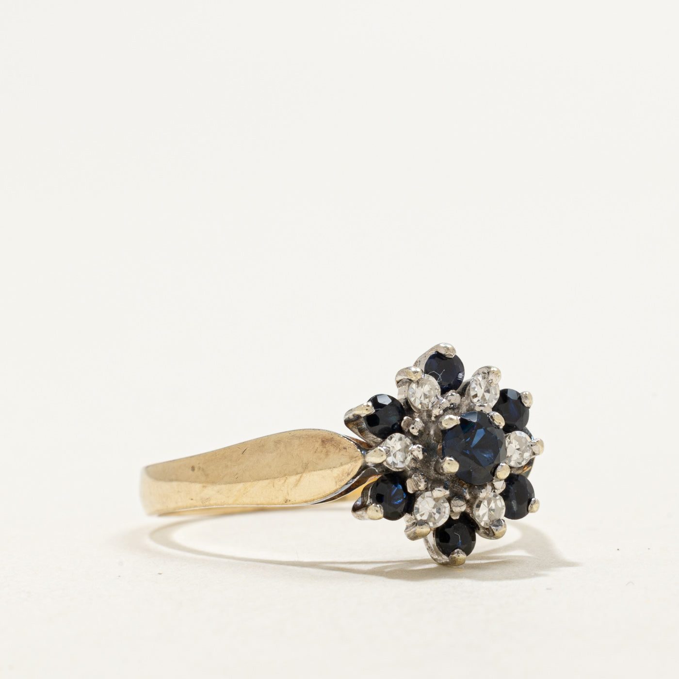 10K Round Cut Sapphire & Diamond Floral Cluster Ring | 0.50ctw, 0.12ctw | SZ 7.25