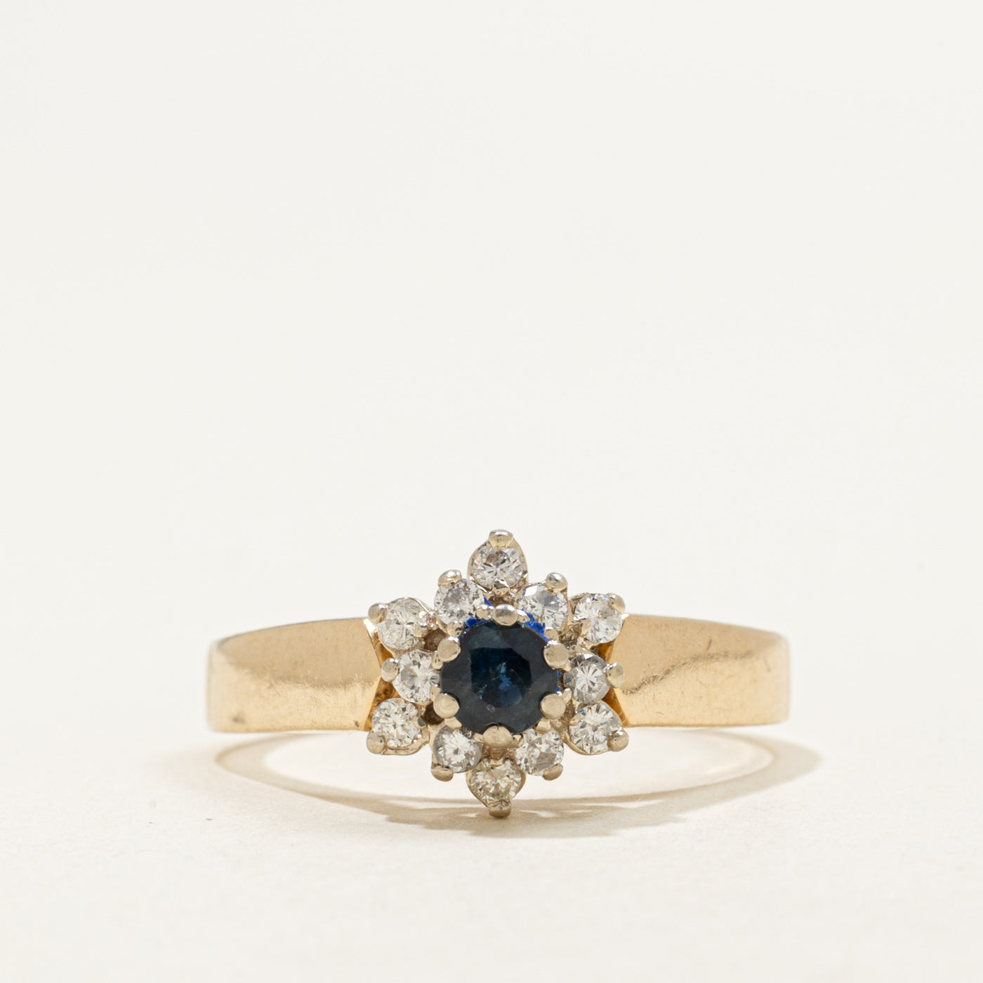 14K Round Cut Sapphire & Diamond Floral Halo Ring | 0.25ct, 0.18ctw | SZ 7.75