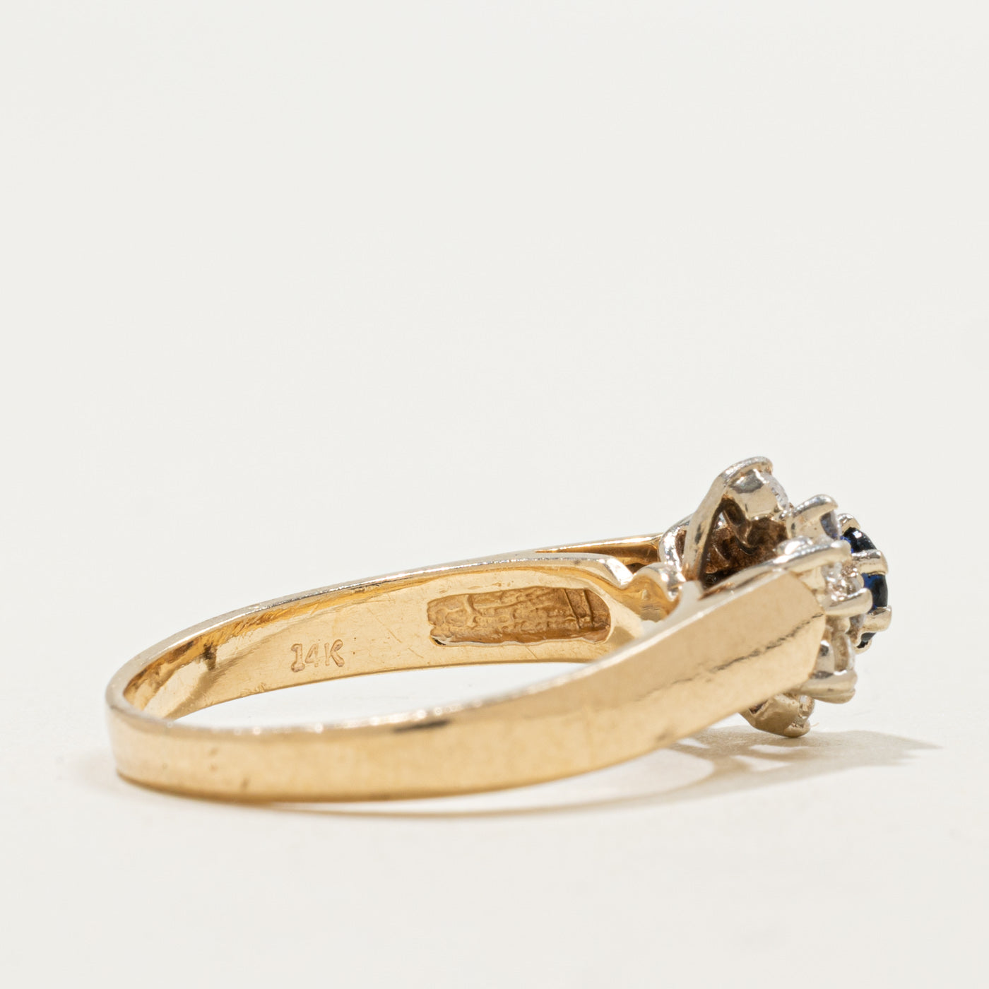 14K Round Cut Sapphire & Diamond Floral Halo Ring | 0.25ct, 0.18ctw | SZ 7.75