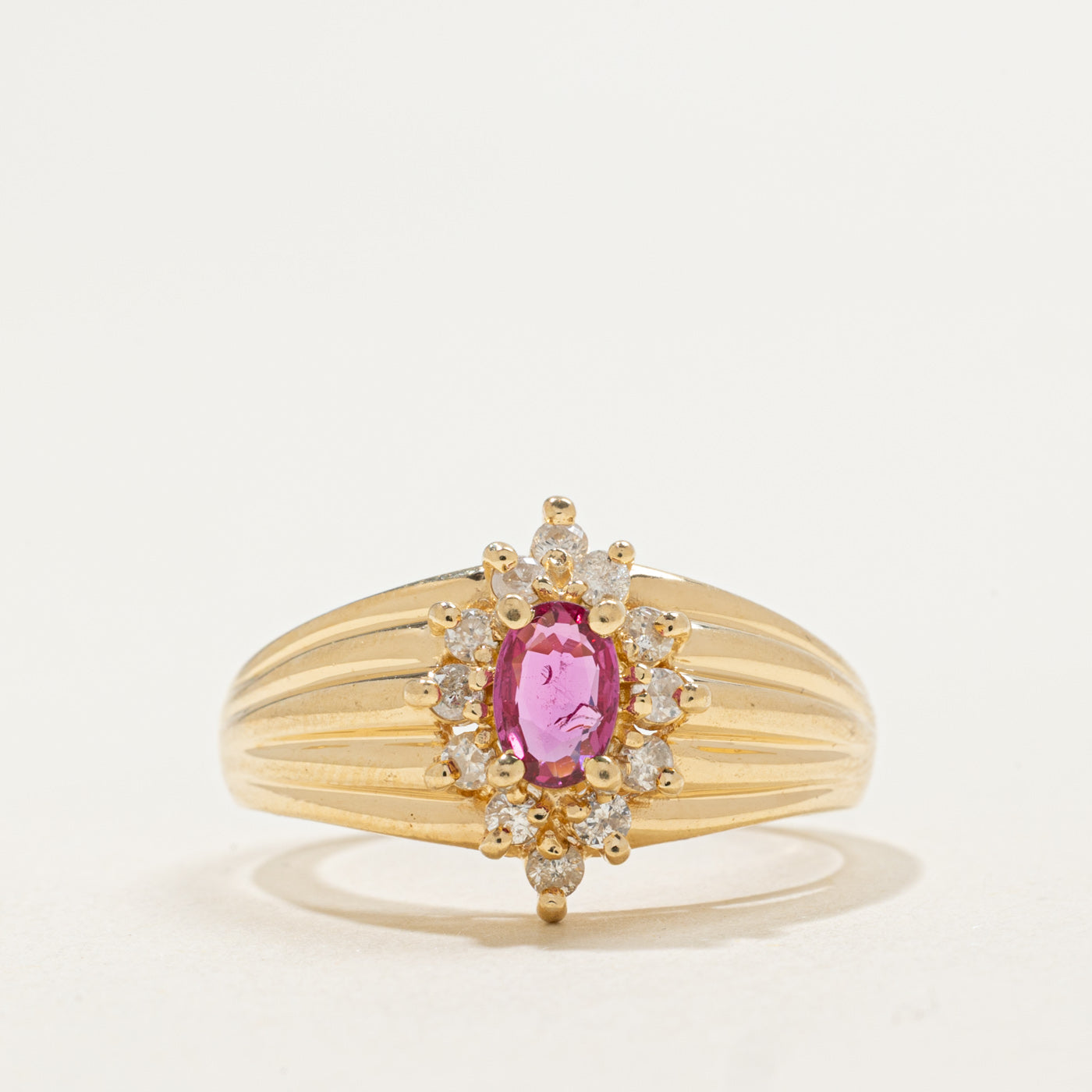 14K Ruby & Diamond Petal Halo Grooved Ring | 0.35ct, 0.24ctw | SZ 8.25