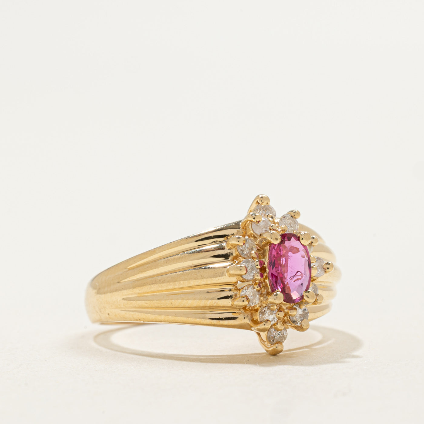 14K Ruby & Diamond Petal Halo Grooved Ring | 0.35ct, 0.24ctw | SZ 8.25