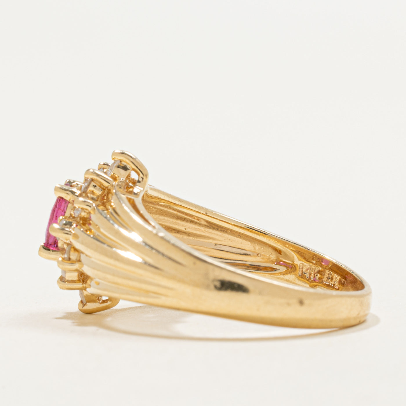 14K Ruby & Diamond Petal Halo Grooved Ring | 0.35ct, 0.24ctw | SZ 8.25