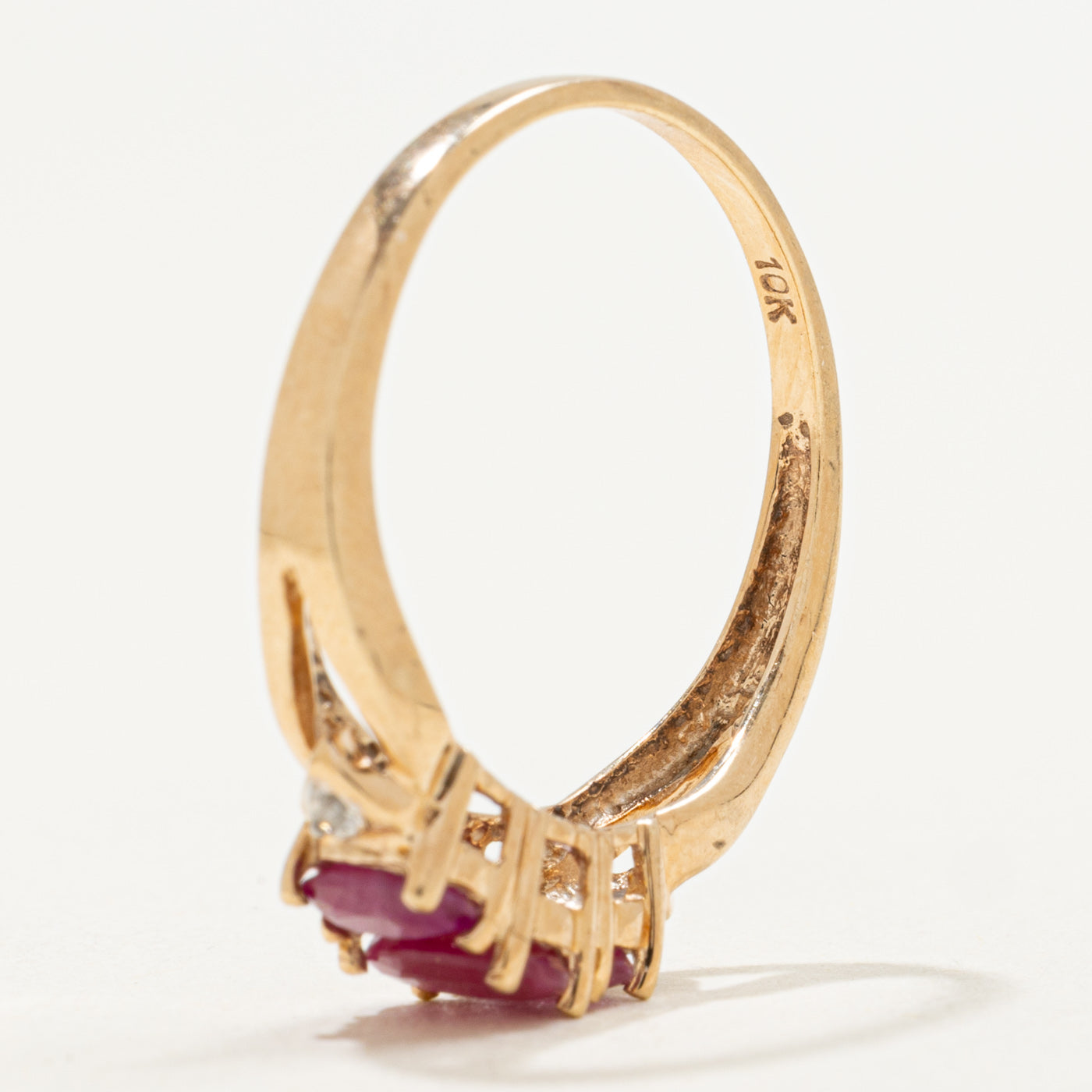 10K Three Stone Oval Cut Ruby & Diamond Ring | 1.00ctw, 0.01ctw | SZ 8.0