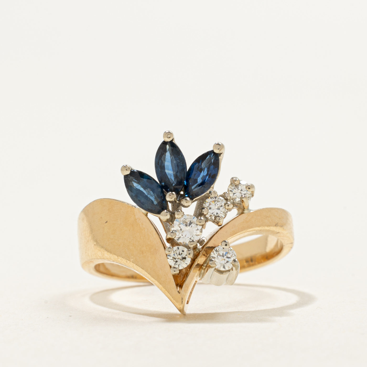 14KK Marquise Cut Sapphire & Diamond Cluster Chevron Ring | 0.36ctw, 0.20ctw | SZ 6.25