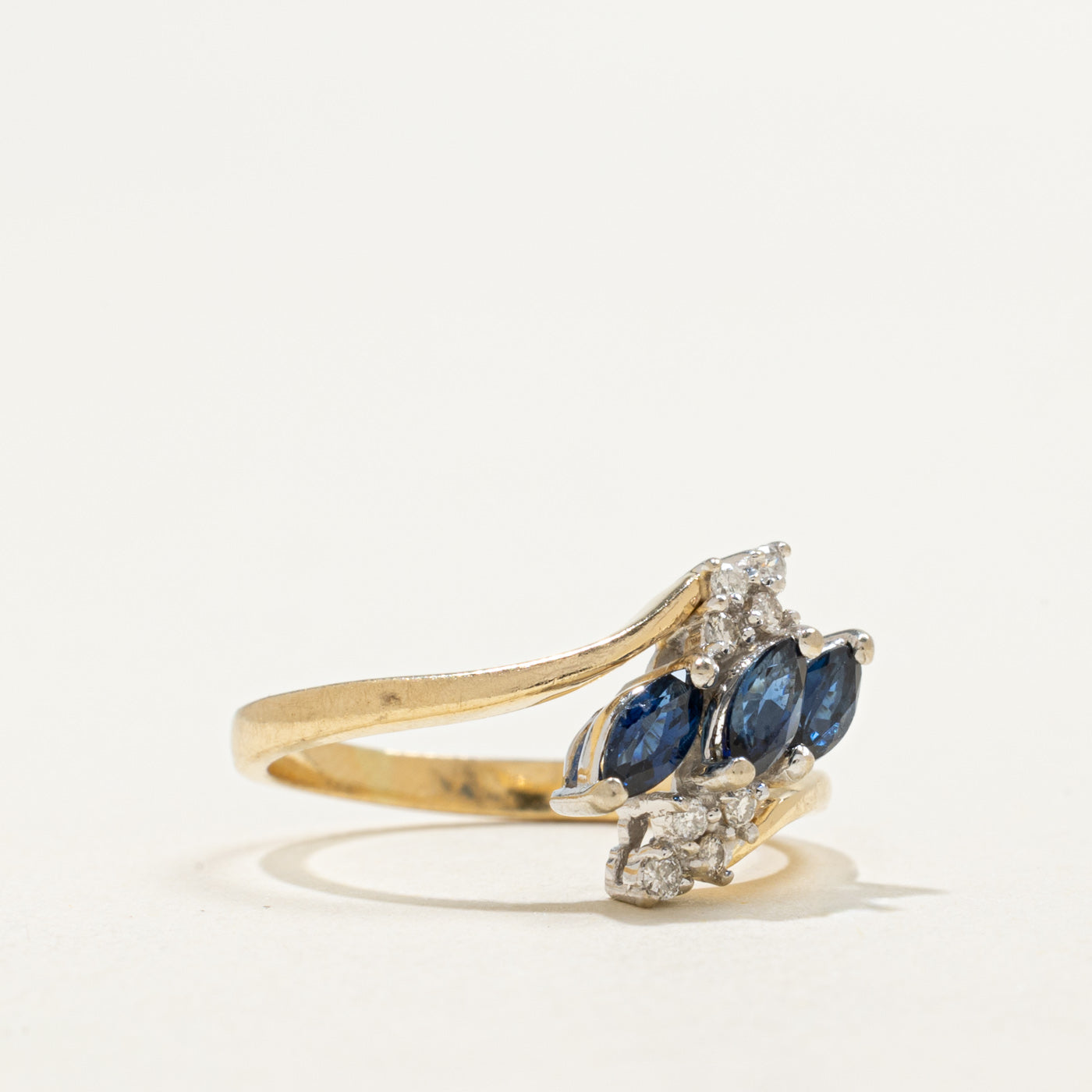 14K Marquise Cut Sapphire & Diamond Cluster Bypass Ring | 0.33ctw, 0.08ctw | SZ 4.75